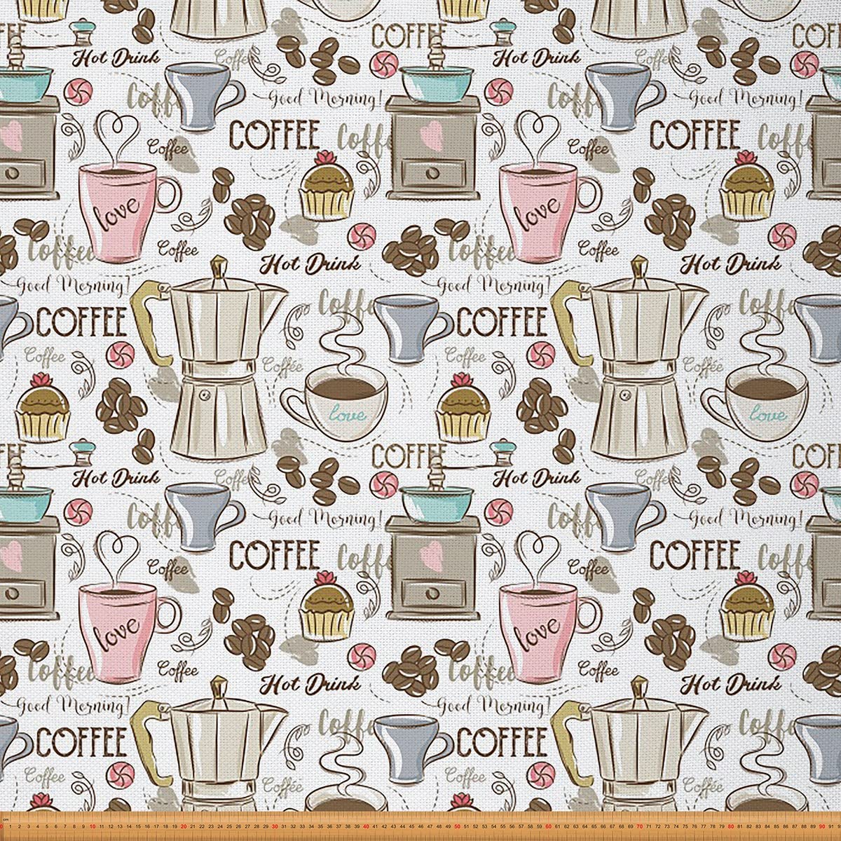 Coffee Time Fabric by The Yard, Cupcakes Beans Design Upholstery, Vintage Espresso Machine Pattern, Waterproof, 2 Yards, Pink Beige (L184*W150cm)