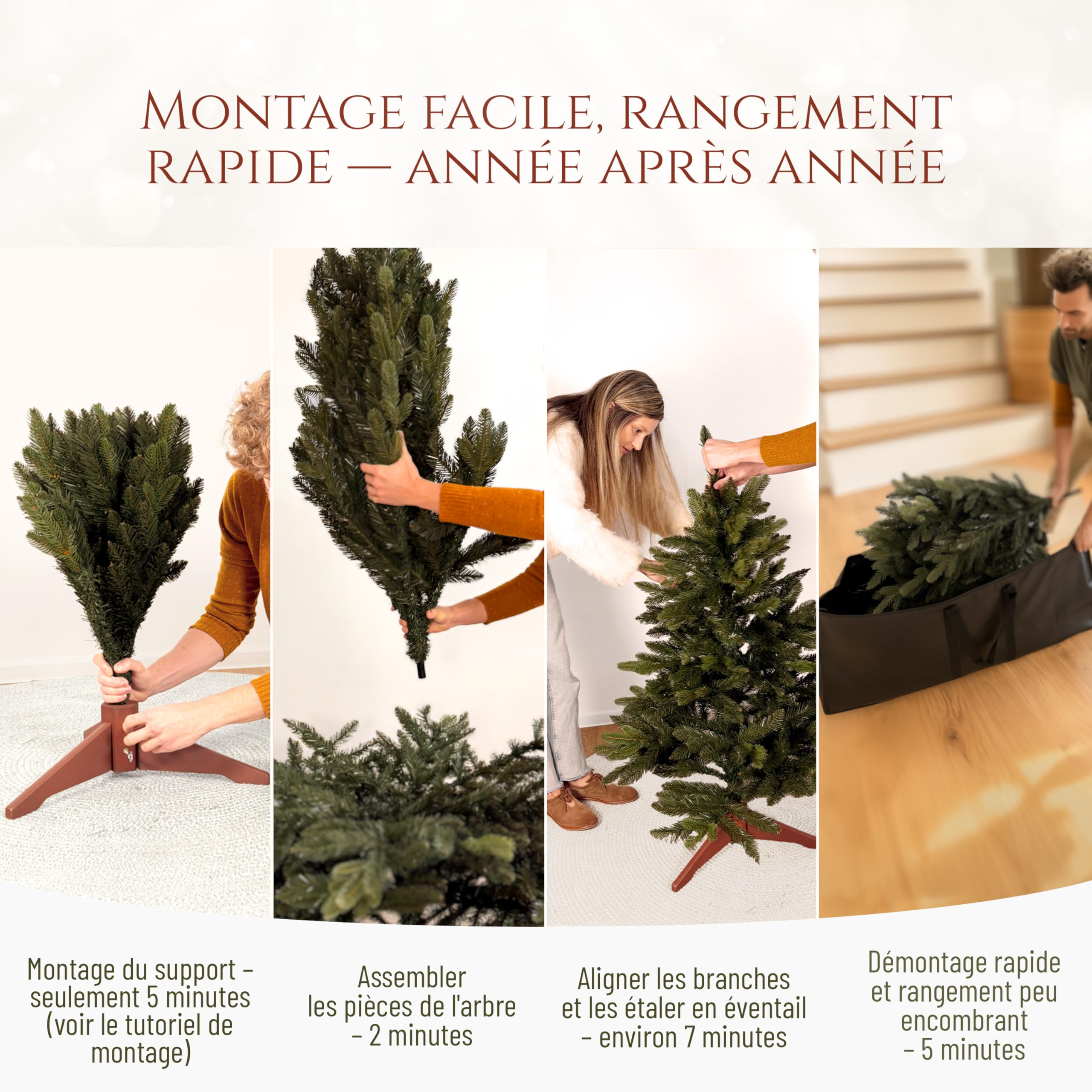Sapin de Noël Artificiel Premium 120 cm - Gagnant du Test - Réalisme Exceptionnel, Branches épaisses, livré avec Support en Bois et Sac de Rangement – Pure Living