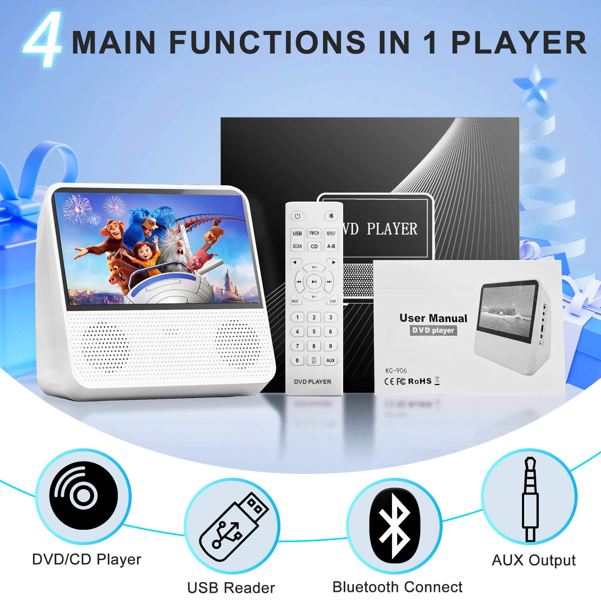 Lecteur DVD Portable Bluetooth 4000mAh Rechargeable Region Free pour Voiture avec Haut-parleurs Intégrés Double Compatible CD USB RCA Prise Casque