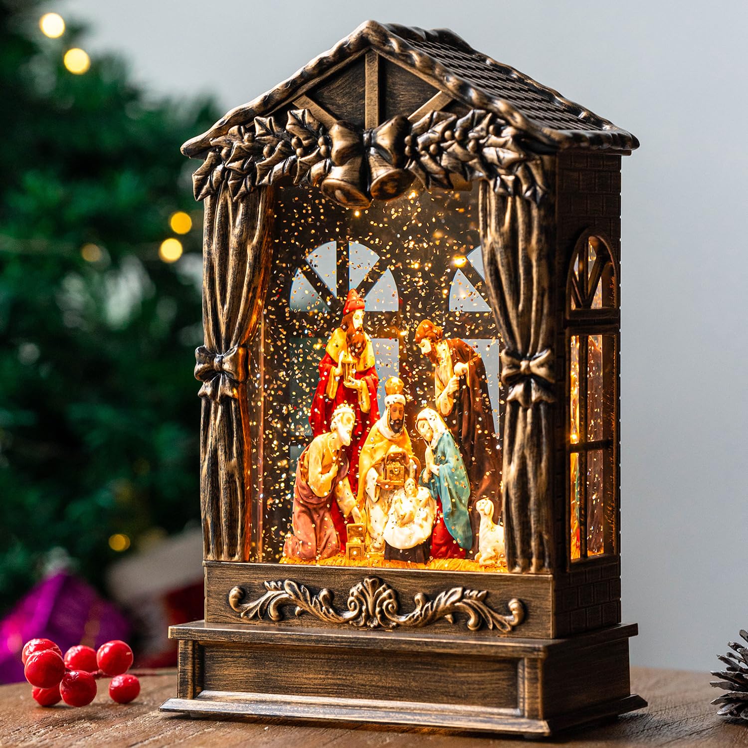 Christmas Snow Globe Lighted Manger Nativity Scene, Musical Window Water Lantern Play Silent Night Music in Swirling Glitter, Holiday Decorations Gift