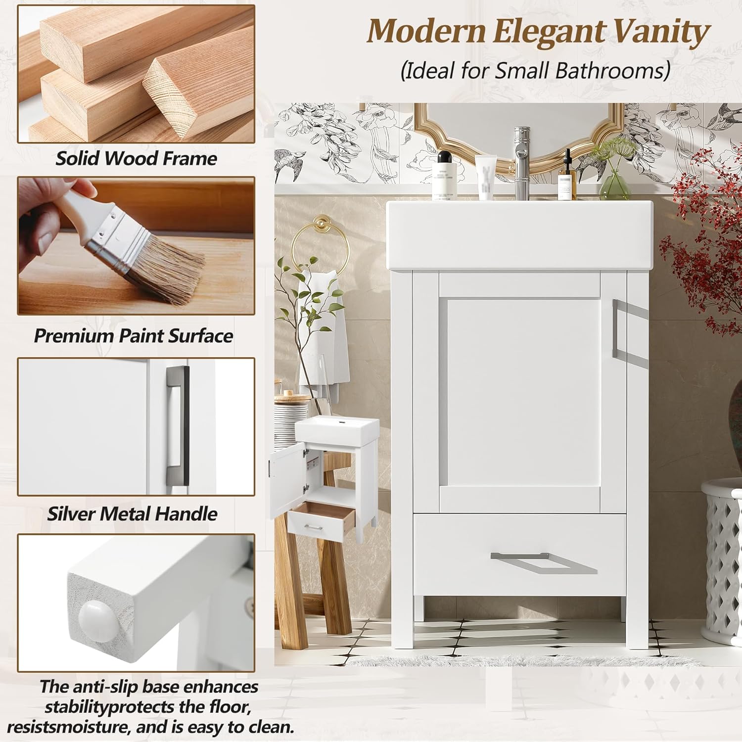 Merax 20''Modern Bathroom Vanity with Ceramic Sink, Solid Wood Frame and Drawer,Ideal for Small Bathrooms,White