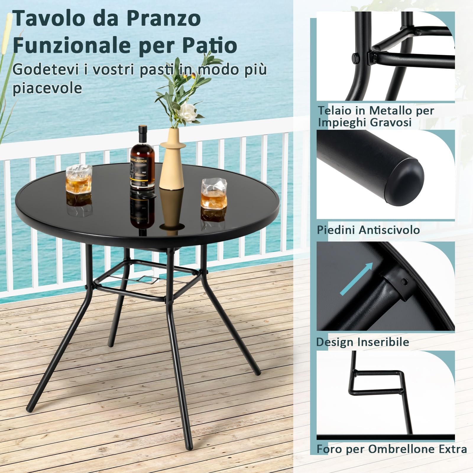 COSTWAY Tavolo Rotondo da Giardino con Buco per Ombrellone, Tavolo da Esterno in Vetro Temperato Struttura in Metallo, Tavolino per Balcone, Terrazza, Sala Pranzo e Soggiorno, 86 x 86 x 71 cm, Nero