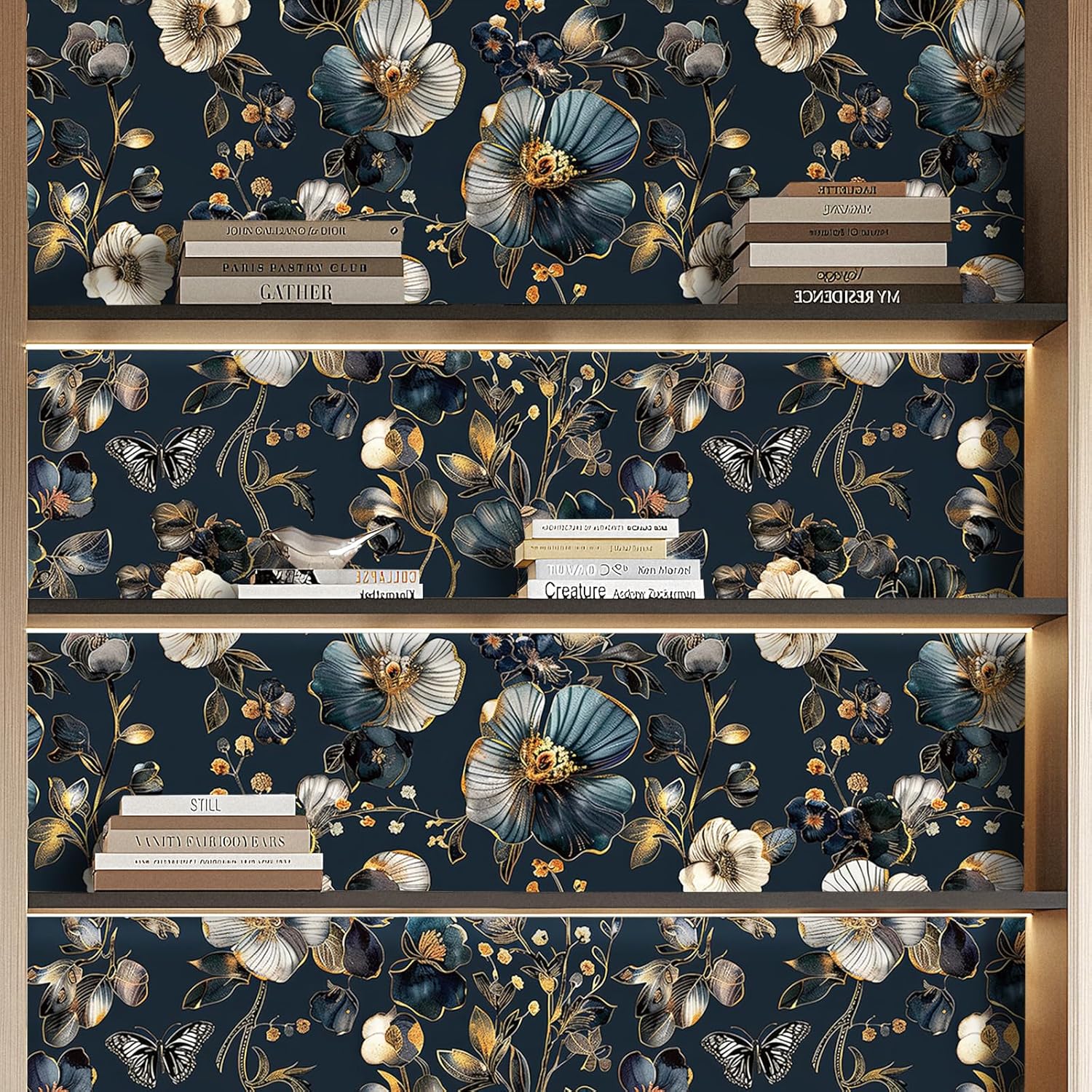 Livelynine 17.5x591 Navy Blue Flower Peel and Stick Wallpaper Vintage Dark Blue and Gold Floral Wallpaper Prepasted Elegant Modern Unique Metallic Gold Accents Kitchen Cabinet Contact Paper Drawer