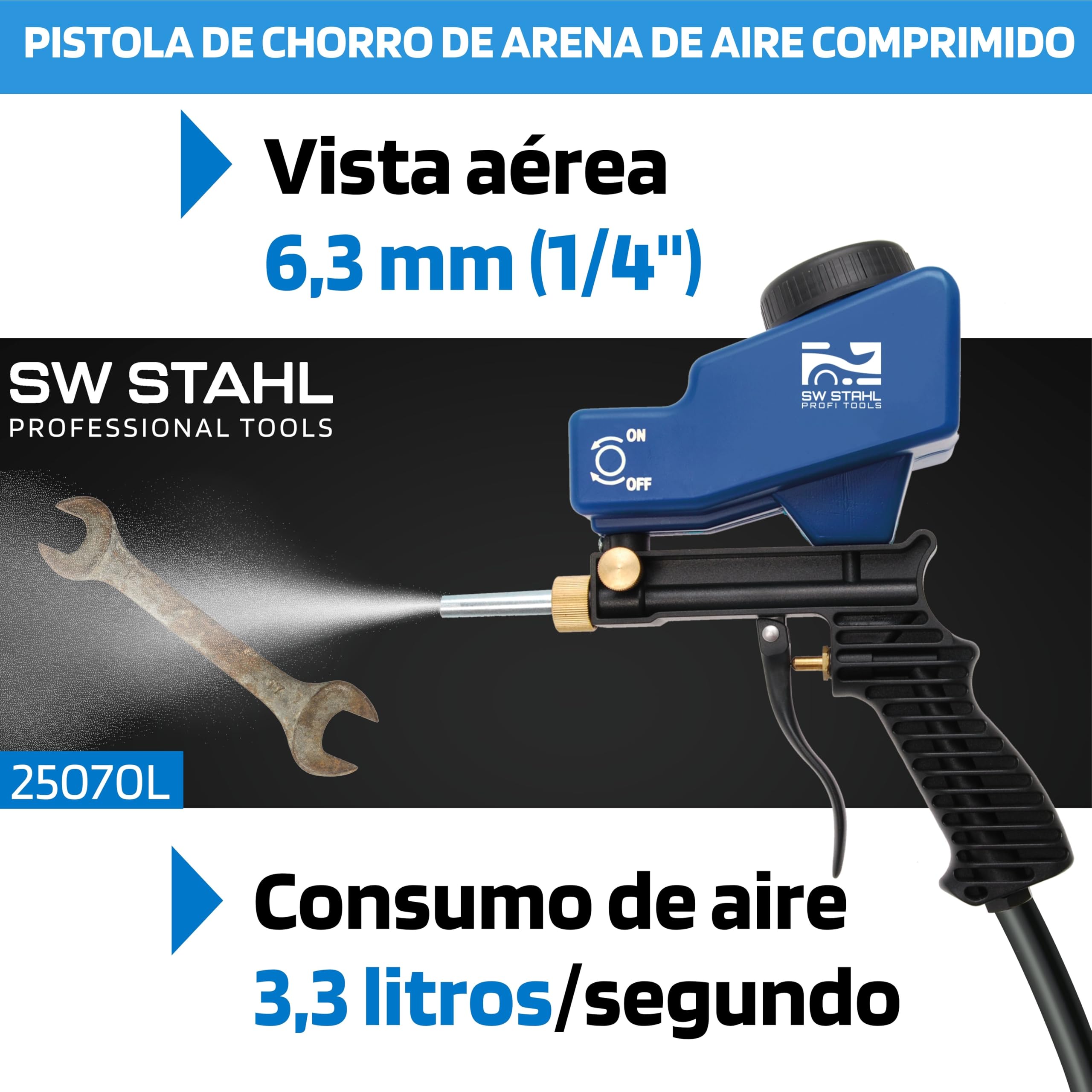 SW Stahl 25070L Pistola de Chorro de Arena Neumática con Depósito | Herramienta de aire comprimido para limpieza y decapado, compatible con compresores estándar y boquillas de recambio