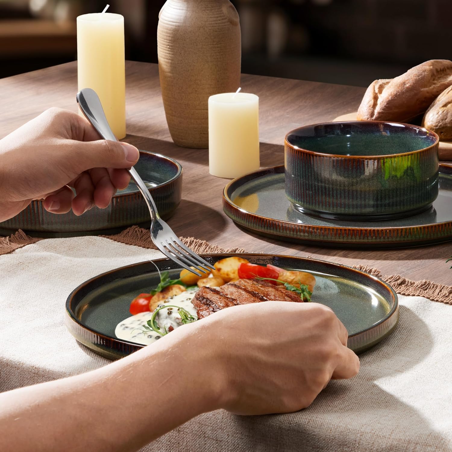 LIANYU Dinnerware Sets with Pasta Bowls, 8 Piece Ribbed Dinnerware Plates and Bowls Set for 2, Elegant Modern Stoneware Dishes Set for Kitchen Dining, Microwave and Dishwasher Safe, Jungle Green - Image 7