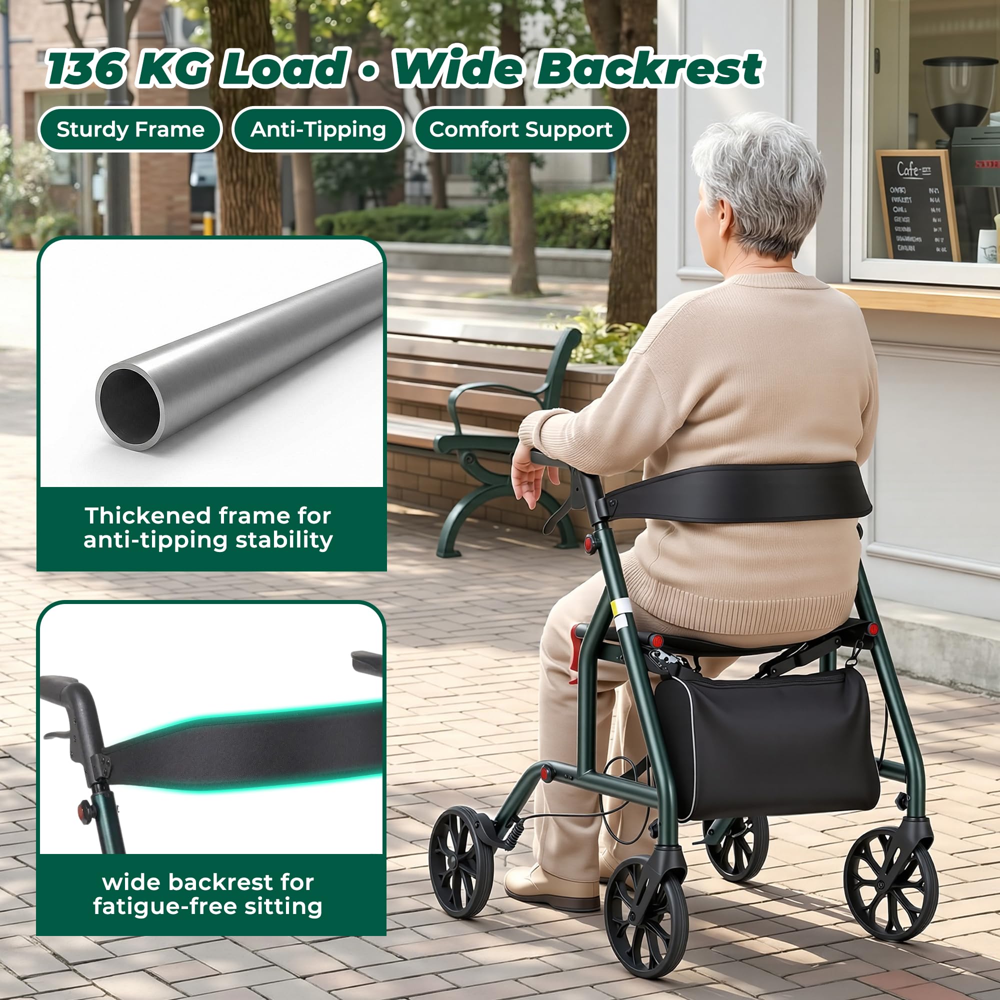Careboda Andador plegable, ruedas 20cm, todoterreno, altura regulable | Perfil Estrecho para Interiores, Ruedas de 20 cm Todo Terreno, Mangos Regulables en Altura, Movilidad Reducida