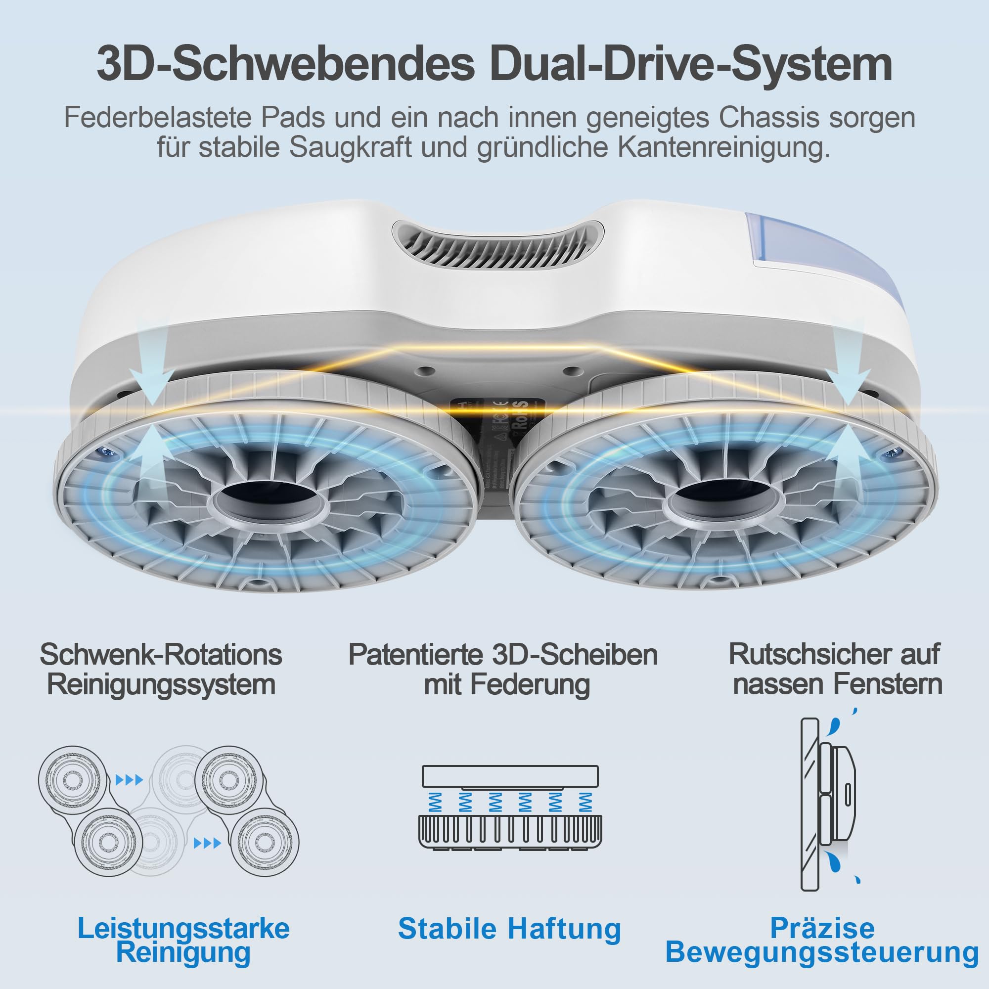 Hutt S7 Plus Fensterputzroboter Akku kabellos, Abnehmbarer Akku, 60 Min Laufzeit, 6500 Pa Saugkraft, 3D schwebendes Doppelpad, automatischer Fensterreiniger mit Sprühfunktion, 80 ml Tank, Koffer