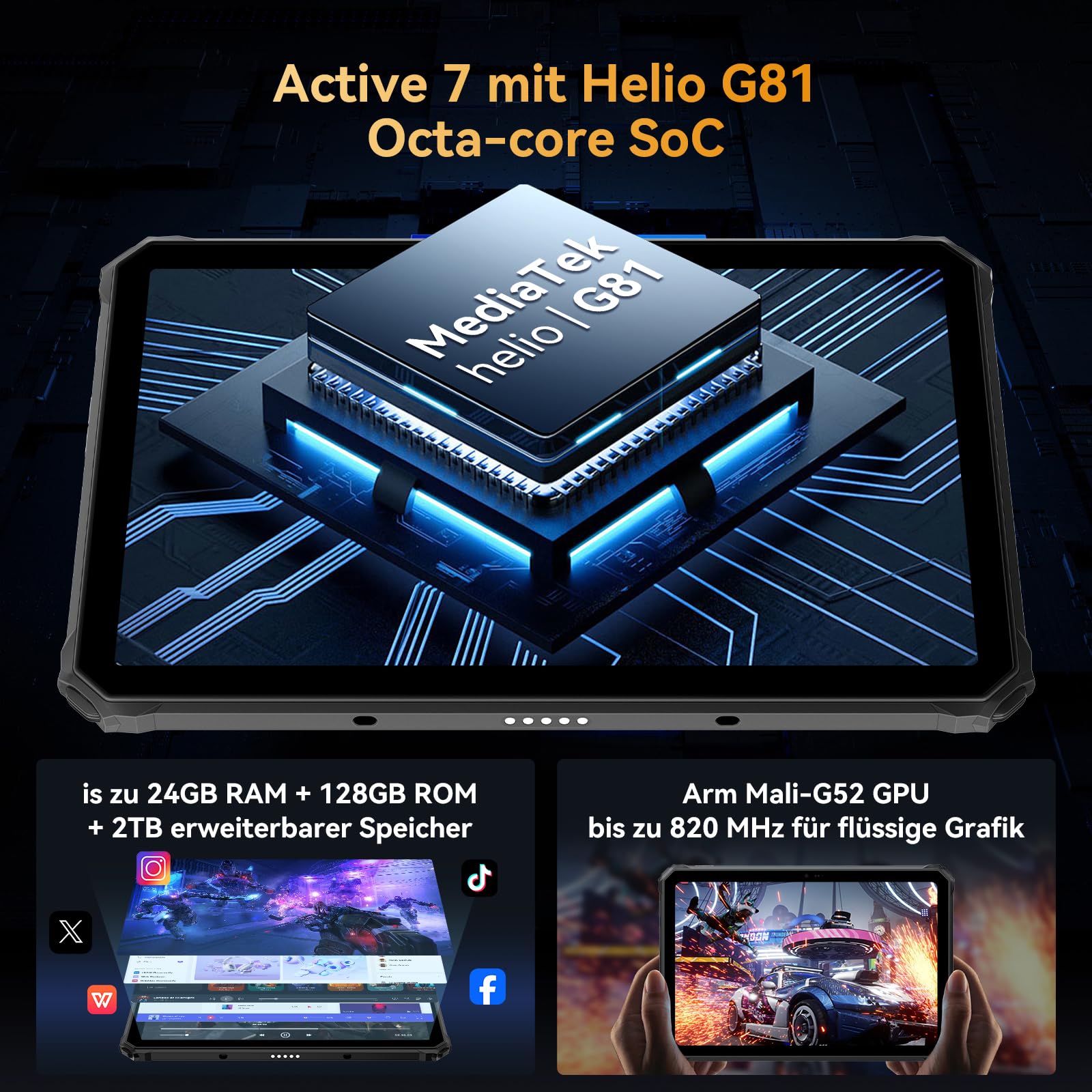 Blackview Active 7 Outdoor Tablet 11 Zoll Rugged Tablet Android 15,Dual 4G+5G WiFi 45W 10000mAh GeminiAI 20MP Nachtsicht Campinglicht 24 GB RAM+128 GB ROM+2 TB TF NFC/PC Mode/GPS/OTG/mit Stylus Stift
