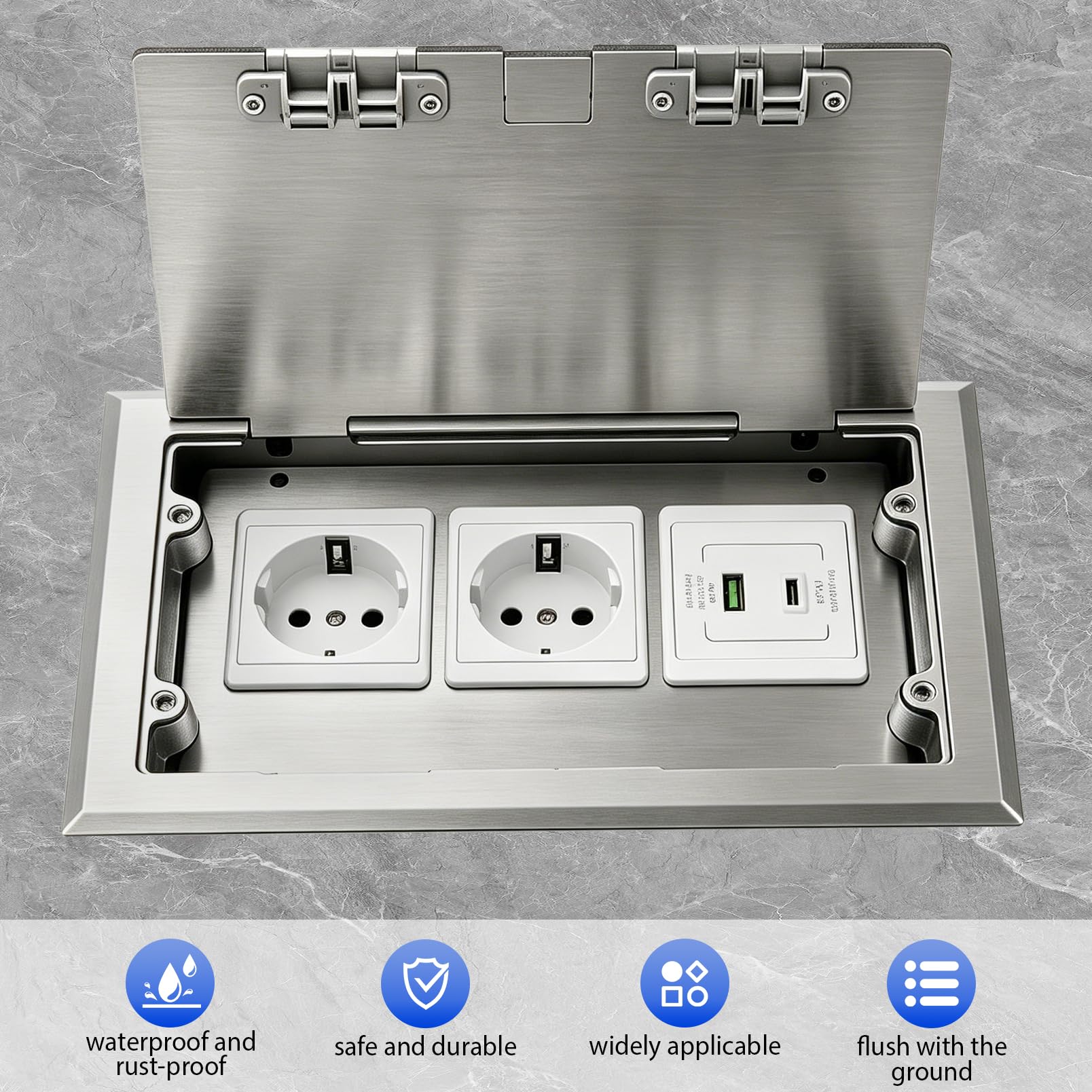 Scatola di Prese da Pavimento, Set di Scatola da Pavimento da Pavimento in Acciaio Inox 16A 4000W con 2 Prese AC & 1 USB-A & 1 USB-C, Presas da Incasso AC 250V a Scomparsa per Uffici, Hotel, Scuole | Presa da incasso a scomparsa, CA 250 V, con 2 prese AC