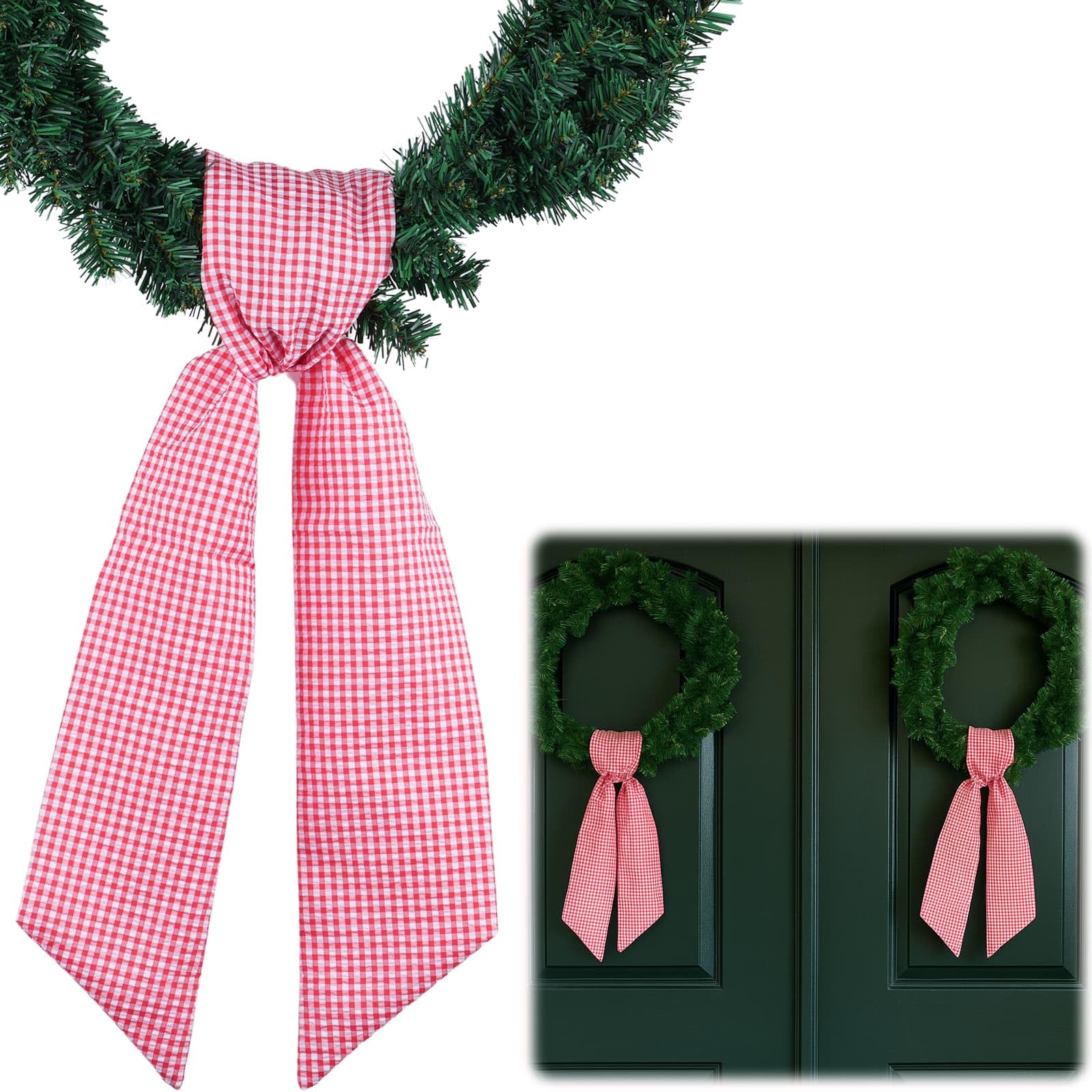 NUVCELKA Red Gingham Wreath Bow Set 2 Pack for Door Decoration, 5.12" Wide x 54.33" Each Christmas Bundle Classic Farmhouse Ribbon Pair
