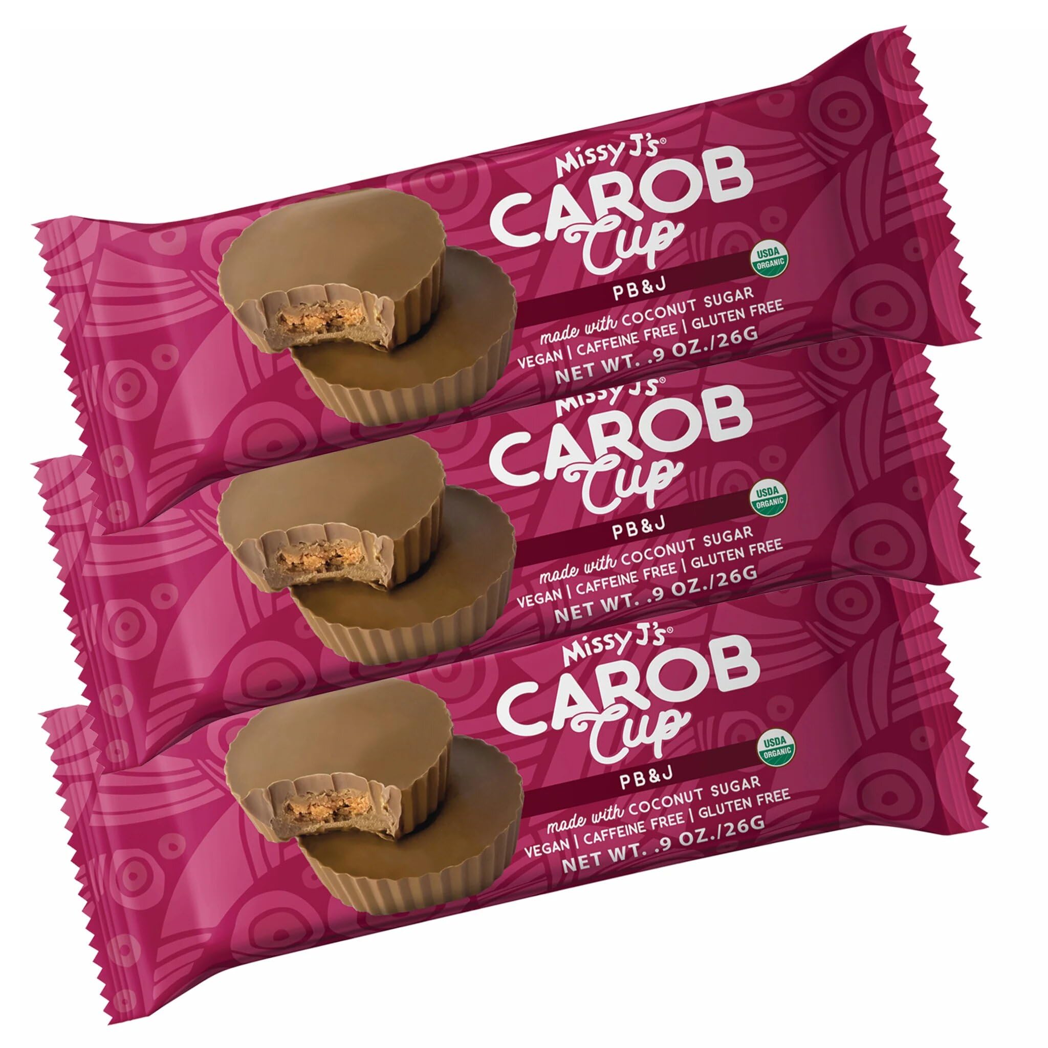 Missy J's Organic Peanut Butter & Jelly Carob Cups .9 Oz 3 Pack | Carob Made w/Coconut Sugar, Vegan and Gluten-Free | Healthy Caffeine Free Substitute