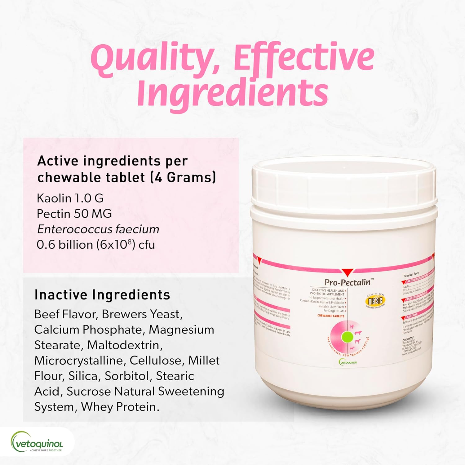 Vetoquinol Pro-Pectalin Chewable Tablets for Dogs & Cats, Helps Relieve Occasional Diarrhea, Situational Diarrhea Relief with Kaolin and Pectin, Contains Beneficial Probiotic Bacteria, 250 ct