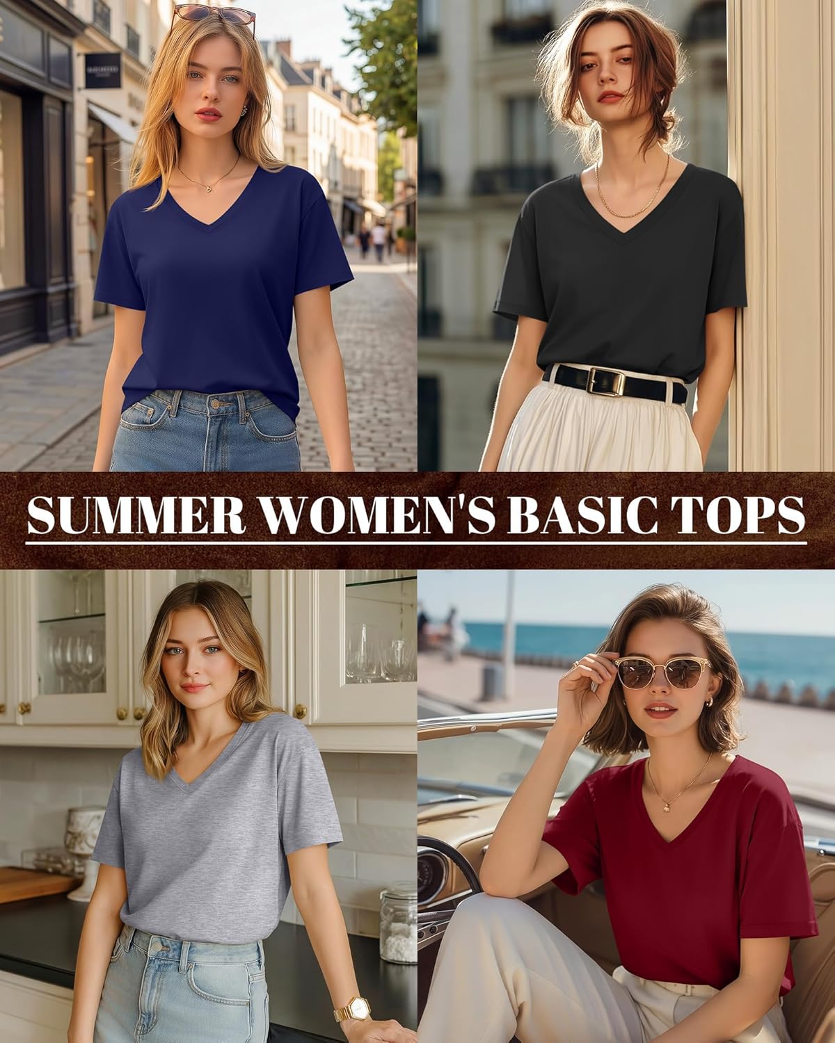 Huukeay Womens 5 Pack V Neck Basic Tees Comfortable Casual Short Sleeve T Shirts Solid Color Tops for Summer Flat Hem - Image 2