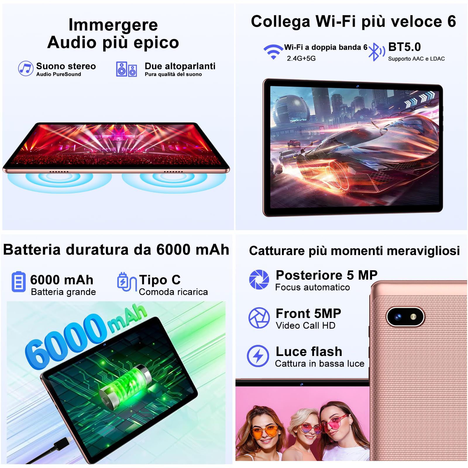 DMOAO Tablet 10 Pollici Android 14 con 18GB RAM + 128GB ROM(TF 1TB), HD Tablet con 5G Wi-Fi 6, Widevine L1, Octa-Core 1.8 GHz, USB-C, BT 5.0, 6000mAh,Custodia, Oro Rosa