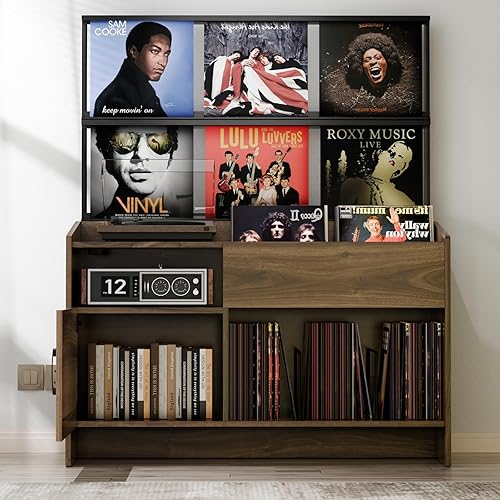 Miniatura 7 de Soporte para tocadiscos con almacenamiento de vinilo, mesa para tocadiscos con almacenamiento de discos de vinilo de hasta 500 álbumes, soporte