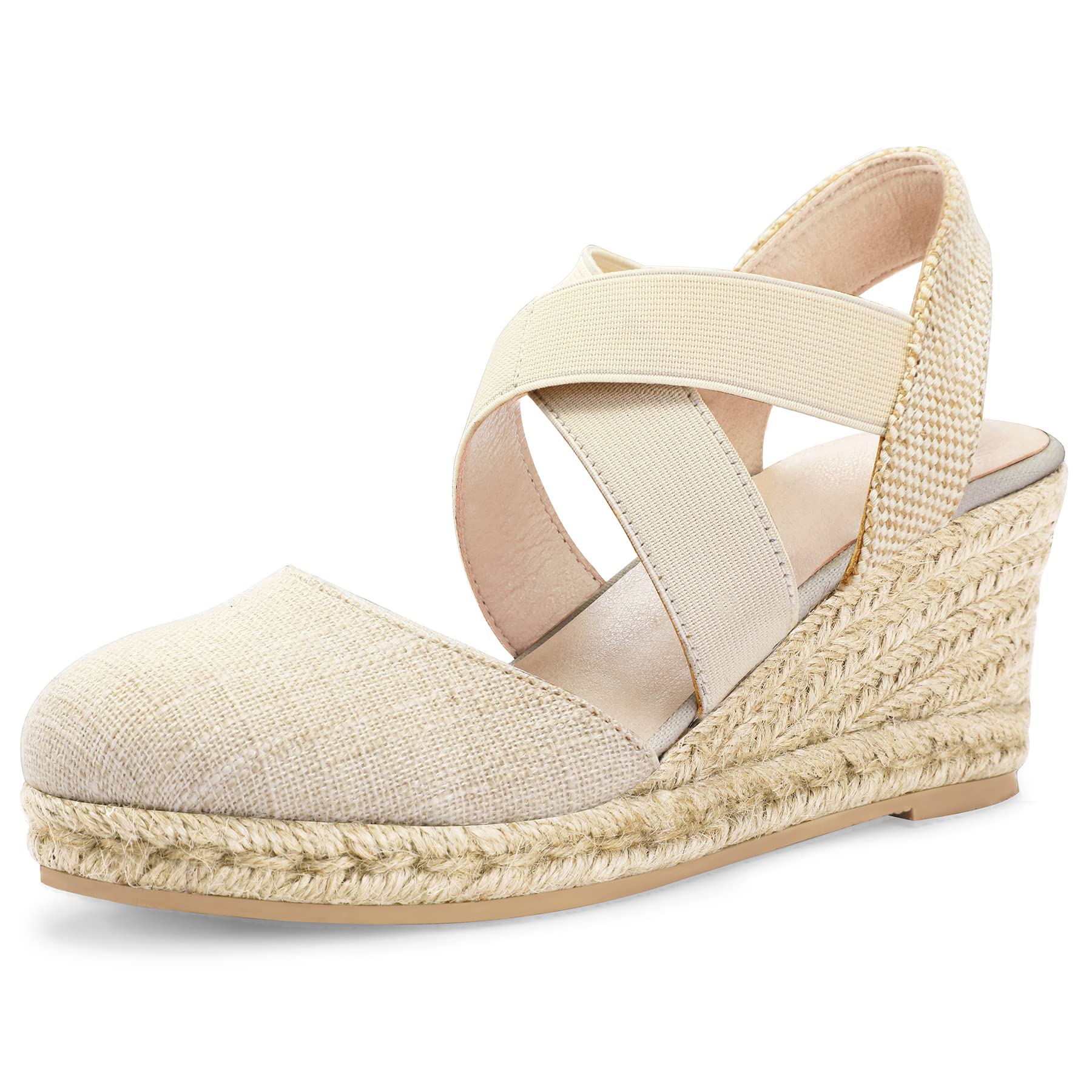 mysoft Women's Closed Toe Crisscross Elastic Ankle Strap Platform Espadrille Wedge Sandals