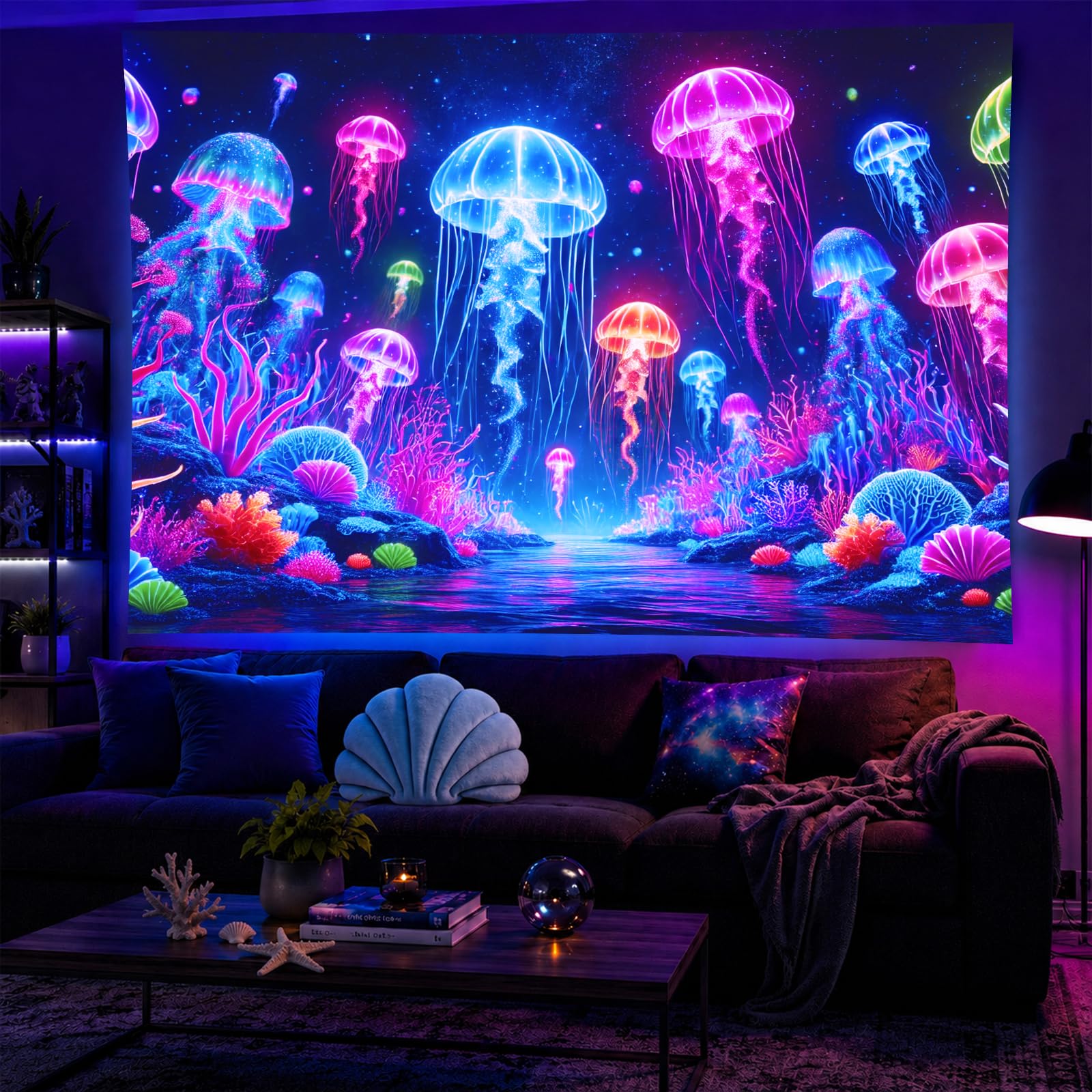 BlissYard Blacklight Jellyfish Tapestry 59 X 78 Inch UV Reactive