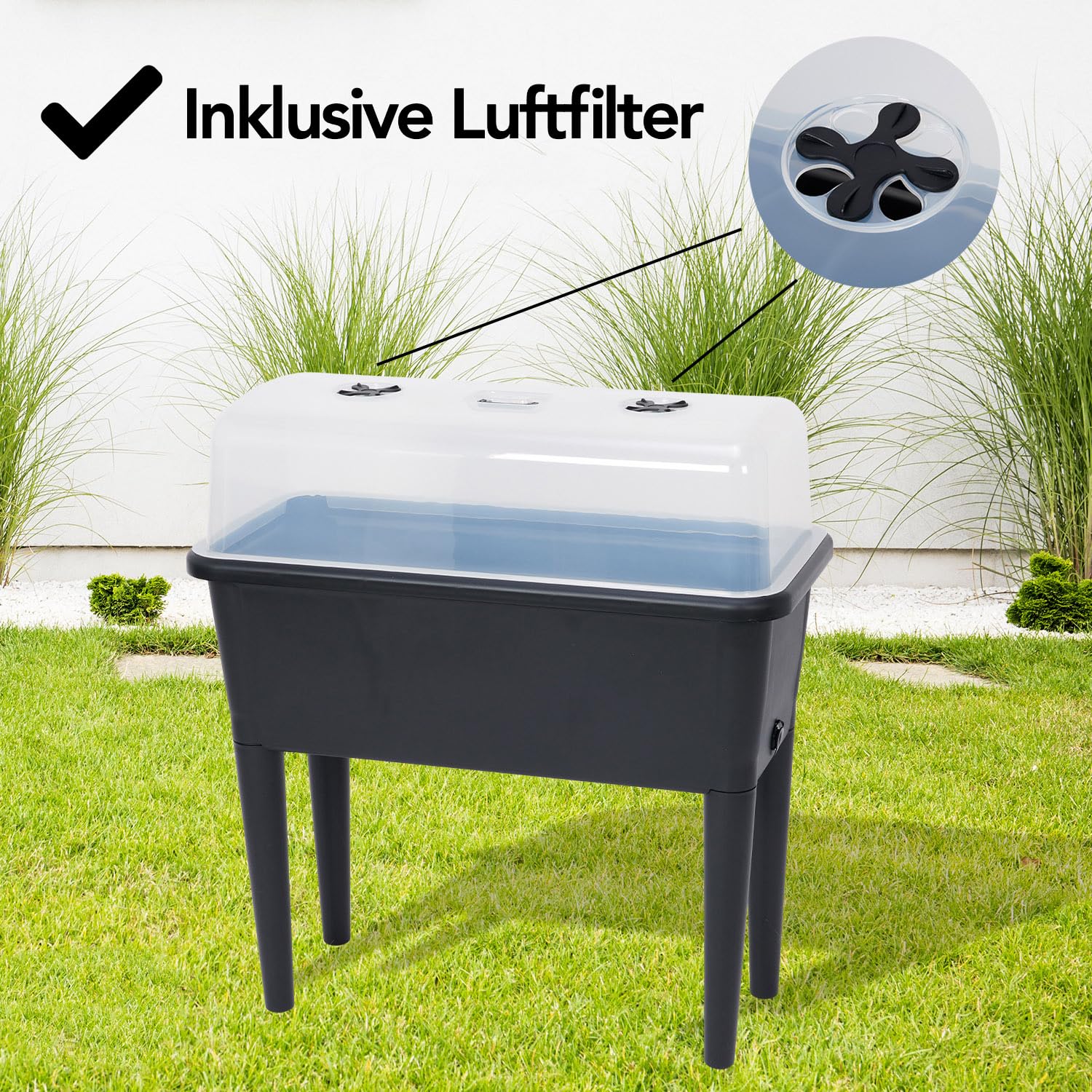 Brixy Wetterfester Anzuchttisch mit Deckel, höhenverstellbar, 76 x 37 x 85 cm, 70L Volumen, Schwarz