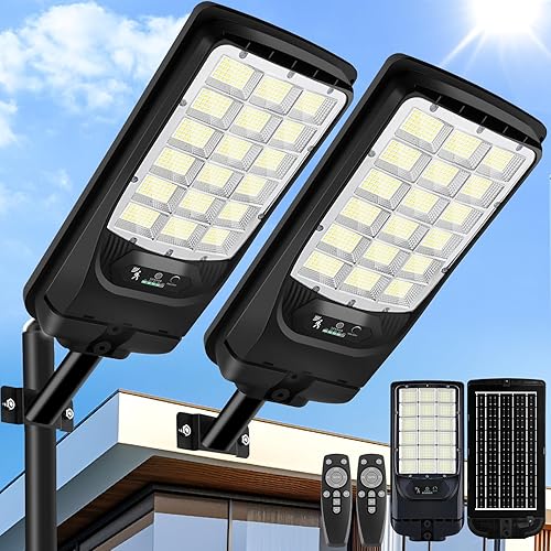 Solar Street Lights Outdoor, 21000LM 6500K Motion Sensor Solar Lights Waterproof, Dusk to Dawn Solar-Powered Flood Lights with Remote, Commercial
