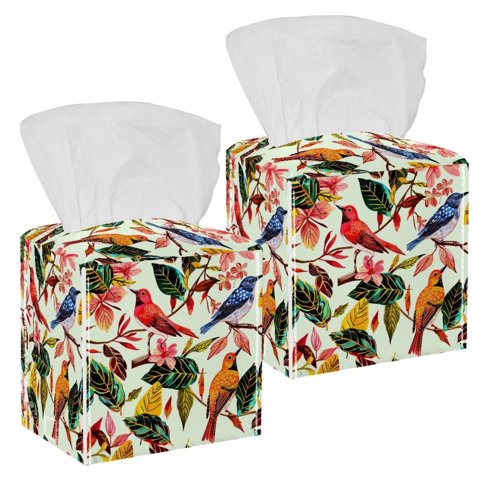 Colorful Bird Tissue Box Cover, 2 Pack PU Leather Square Facial Tissue Dispenser Box holder for Home Office Car