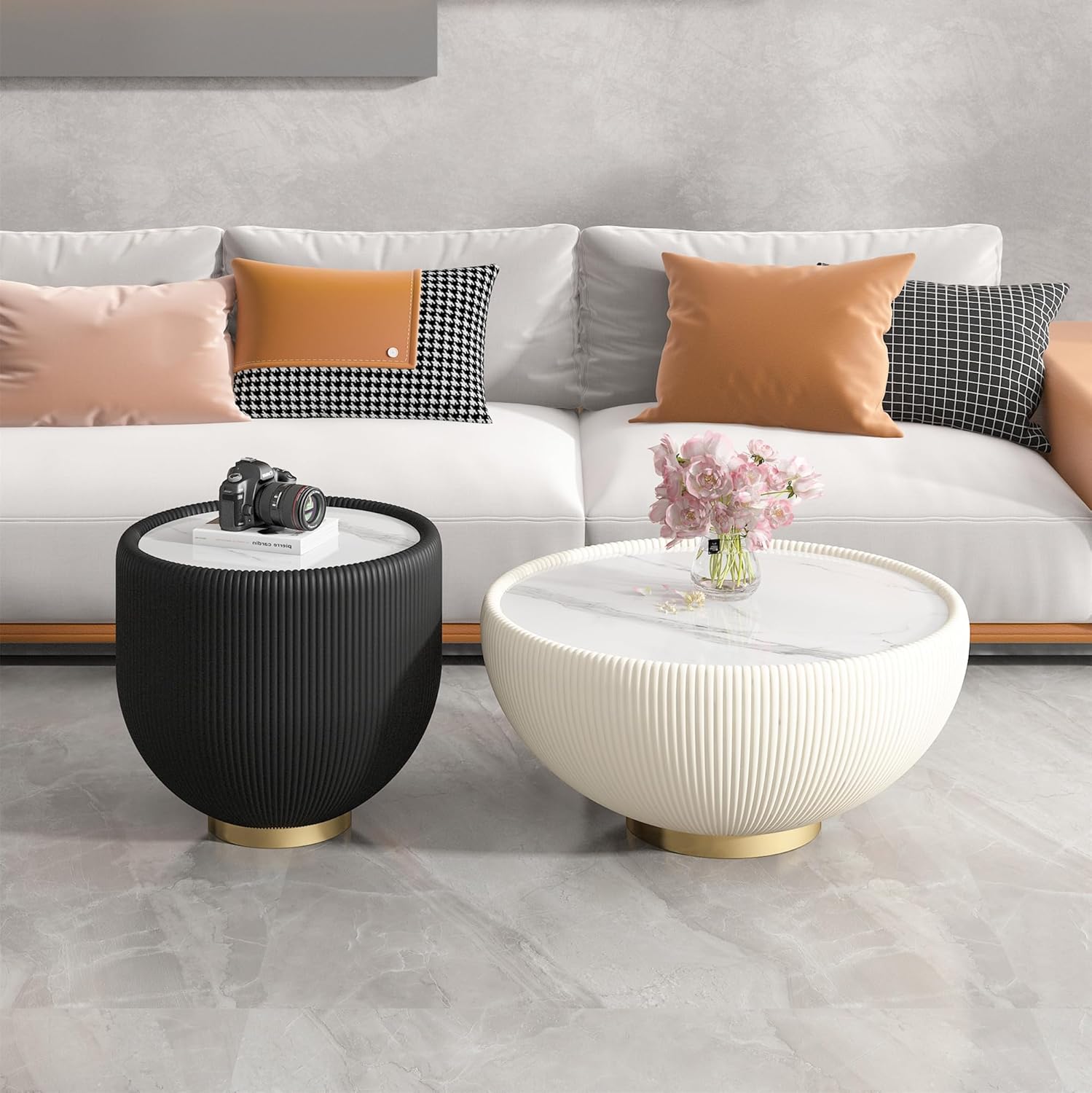 Oval Coffee Table,32.1'' Modern Drum Coffee Table with Sintered Stones Faux Marble Tabletop and Fluted PU Leather Covered Base,Goose Eggs Shape,Full Assembled