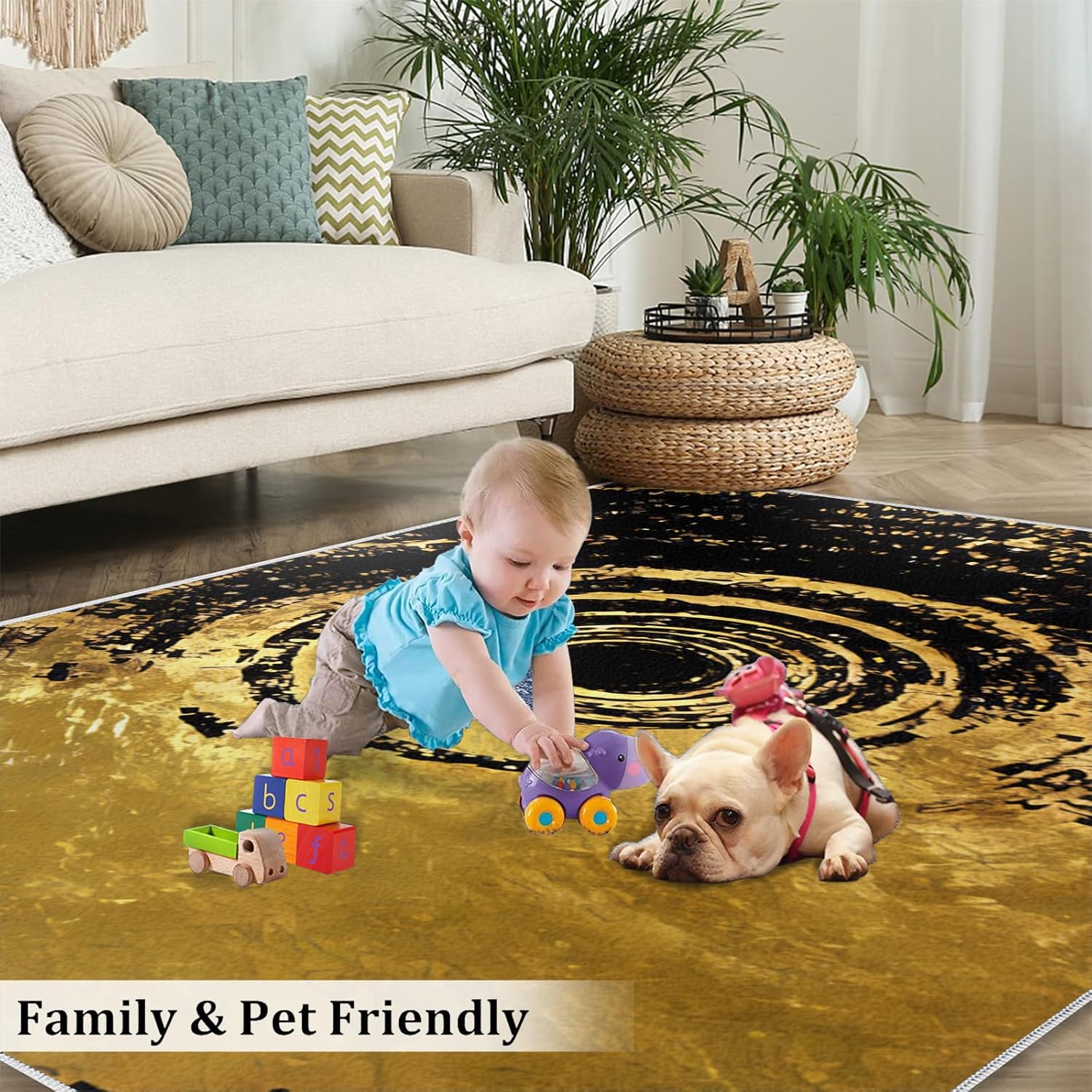 Luxury Home Decor Area Rugs, Abstract Black and Gold Circle Geometry Washable Rugs, Non-Slip Non-Shedding Foldable Dirty Resistant Runner Mat for Living Room Bedroom Entryway Hallway Sofa 3x4ft