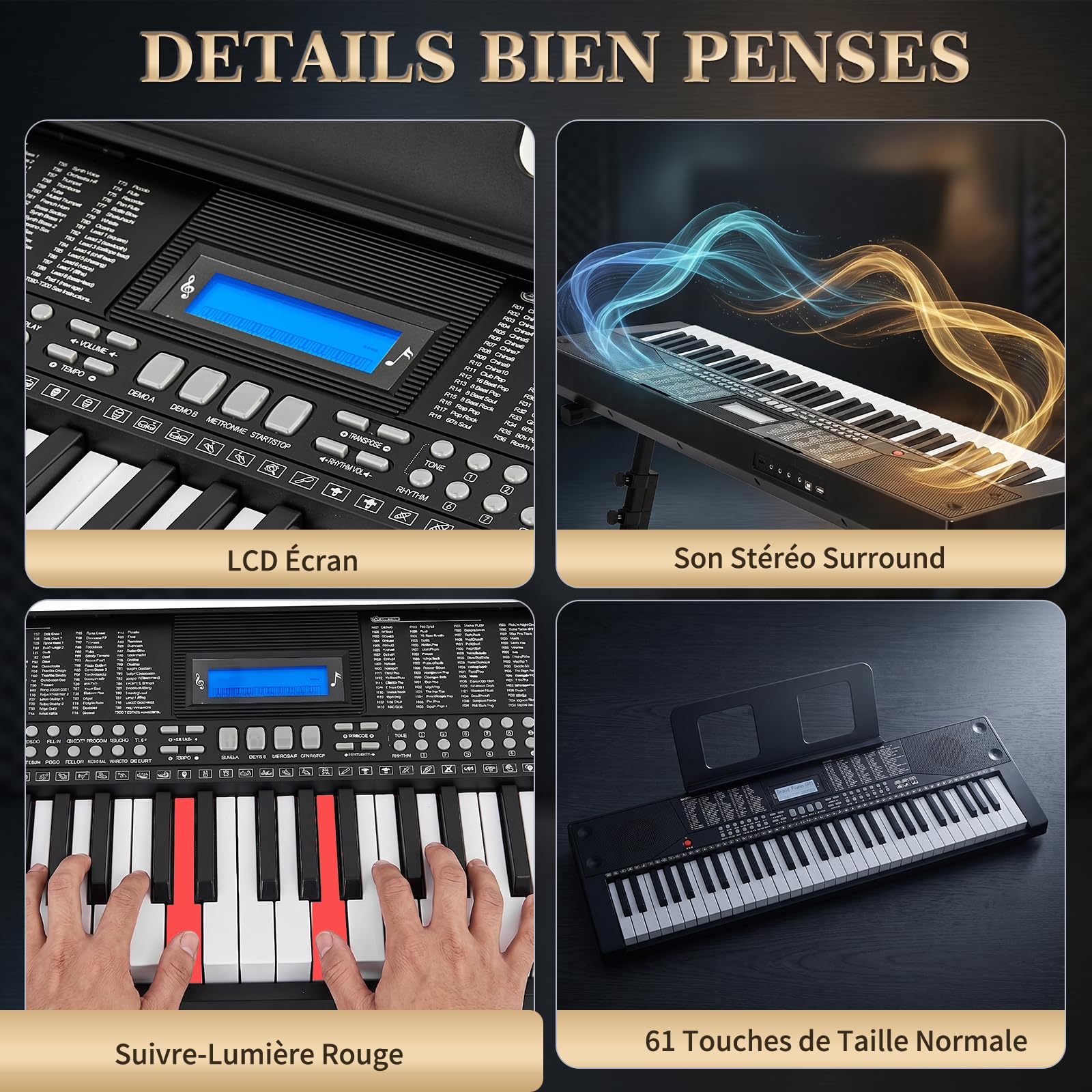 LEADZM Keyboard Piano 61 Tasten mit X-Ständer, Digital Piano mit LCD, USB-MIDI, Klavierbank, Notenständer, Kopfhörer, Mikrofon, 200 Rhythmen, 200 Tönen und 80 Demos für Anfänger (Schwarz)