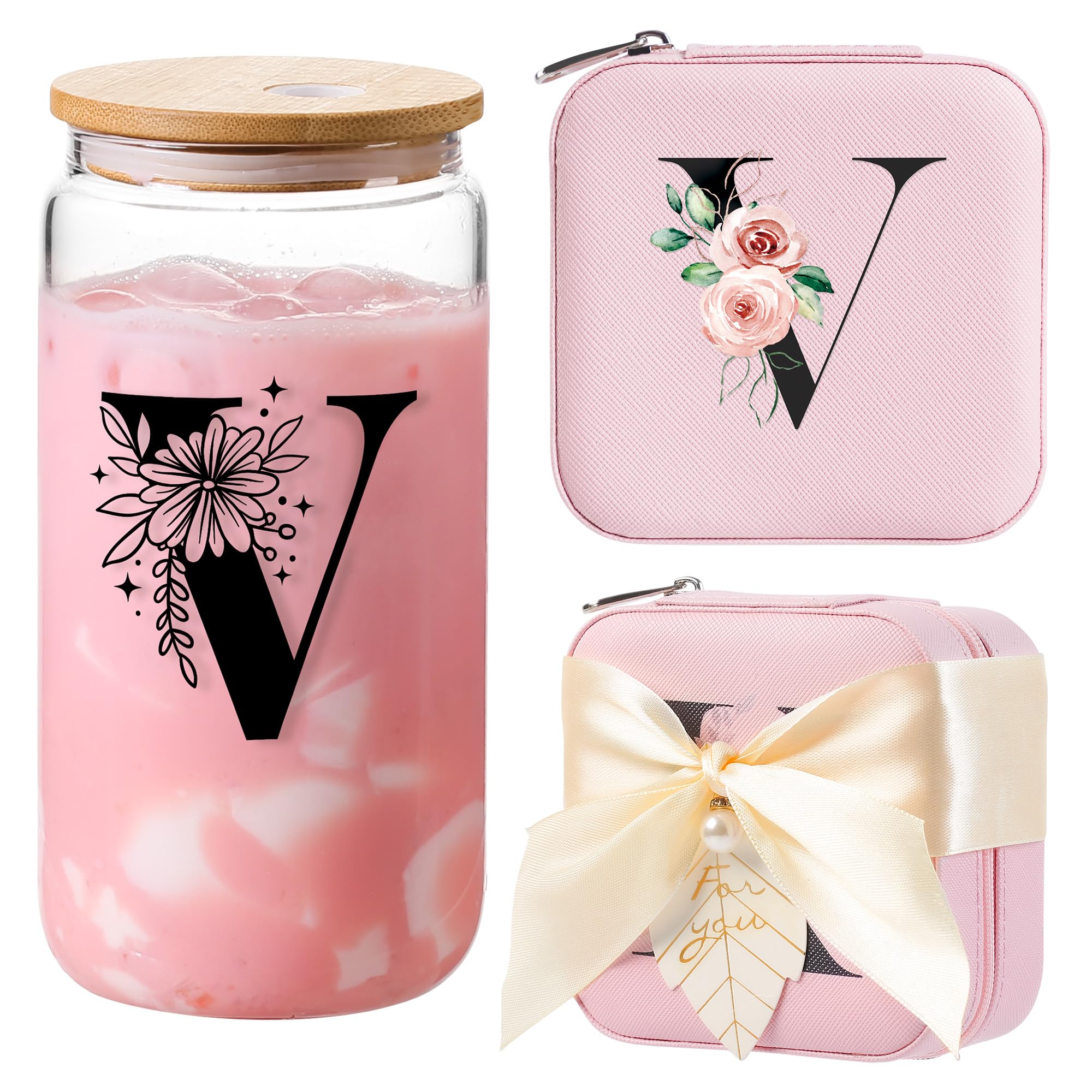 AYGXU Initial glass cups with lids and straws,Small Jewelry Box for Girls,Small Jewelry Organizer Box,Cute Tumbler Cup,Travel Gifts for Women,Travel Essentials, Initial V pink