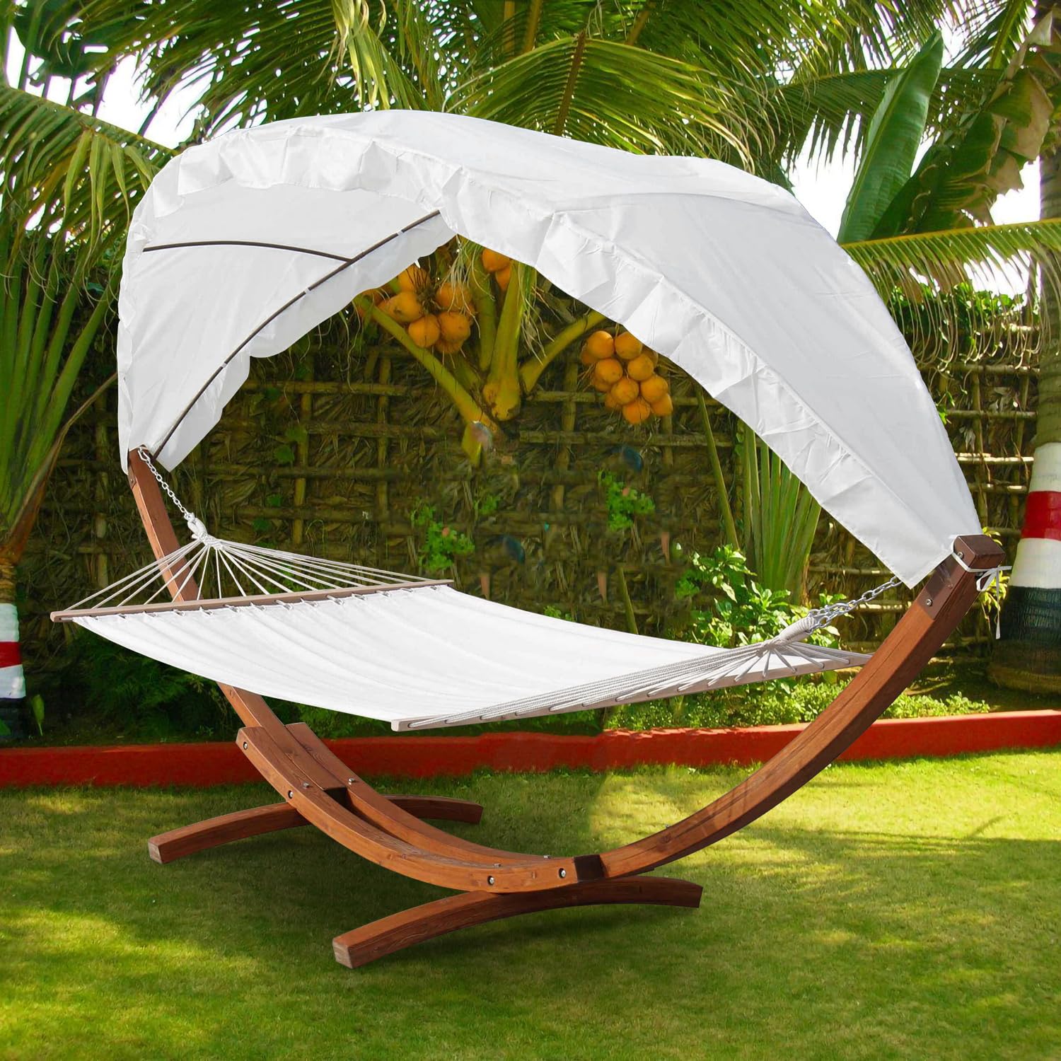 Hamak outdoorowy, podwójny leżak ze stelażem, powierzchnia do leżenia 200 x 150 cm, obciążenie maks. 200 kg, huśtawka wisząca, hamak, meble na balkon, do ogrodu i na taras
