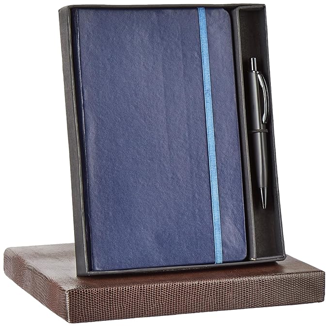 amazon basics A5 Notebook With Ribbon Bookmark & Pen | Gift Set For Corporate And Personal Occasions (Blue)