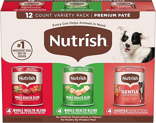 Nutrish Gentle Digestion and Whole Health Blend Premium Paté - Alimento húmedo para perros, lata de 13 onzas, paquete de 12, el embalaje puede