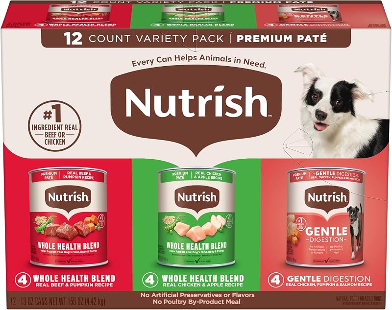 Nutrish Paté Paquete variado de comida húmeda para perros, 13 oz. lata, paquete de 12 (Rachael Ray) | Incluye 3 sabores de carne de res y calabaza reales, pollo y manzana reales y digestión suave con pollo, calabaza y salmón reales