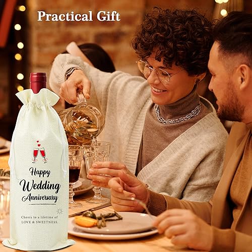 Miniatura 6 de Bolsa de vino de aniversario de boda, regalo de pareja para aniversario de matrimonio, 1 bolsa de vino con cordón de lino
