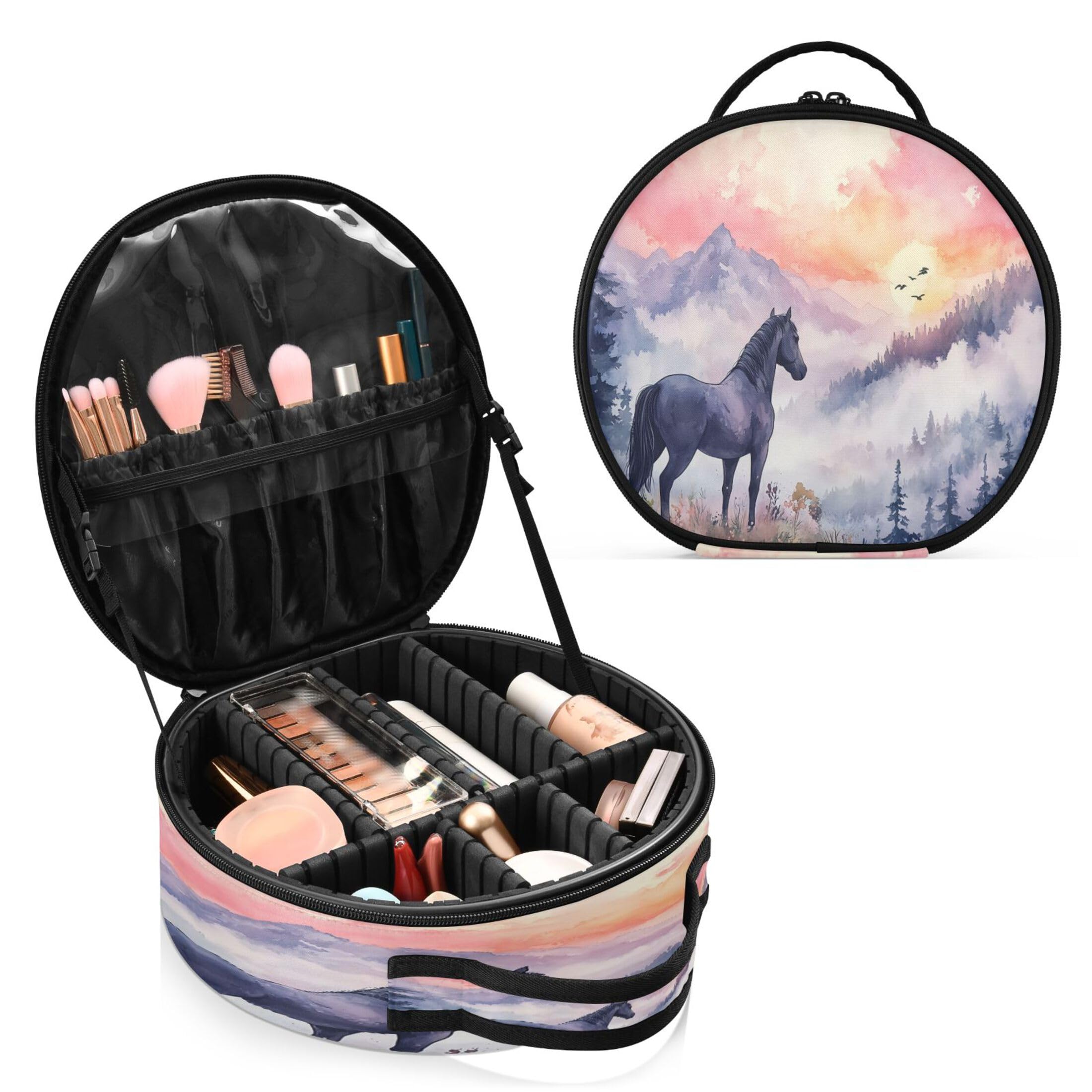 Takiito Horse in Mountains Travel Makeup Case Portable Makeup Box Artist Cosmetic Case Organizer With Adjustable Dividers