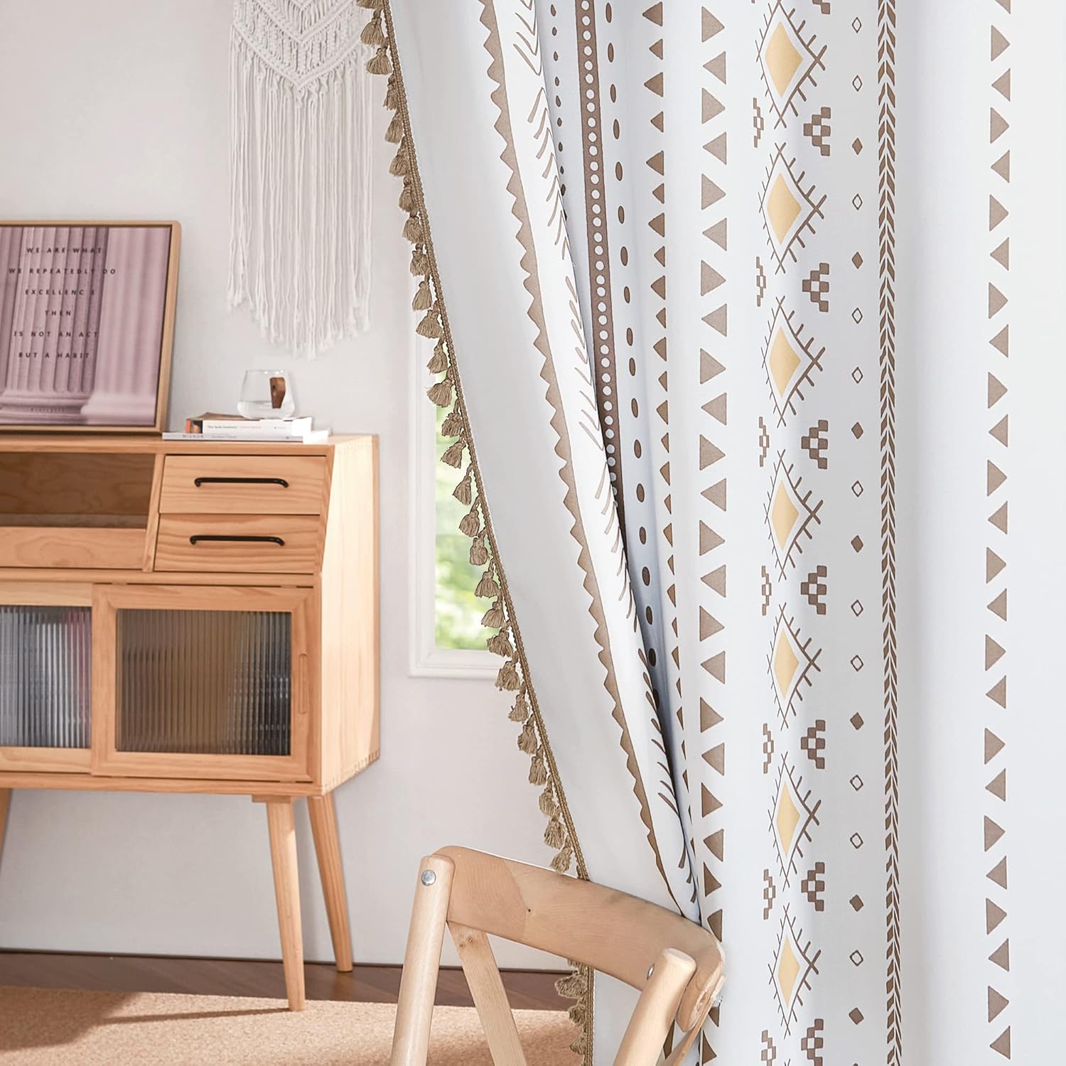 NICETOWN White Boho Chic Curtains for Living Room, Grommet Yellow and Black Room Darkening Tassel Bohemian Decor Window Drapes Thermal Insulation for Farmhouse, W52 x L95, 2 Panels