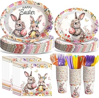 Havawish 350 Pcs Easter Bunny Party Supplies Happy Easter Disposable Tableware Set Flowers Butterflies Rabbit Eggs Oval Paper Plates Cups Napkins Fork Knife Spoon for Spring Party Table Decorations