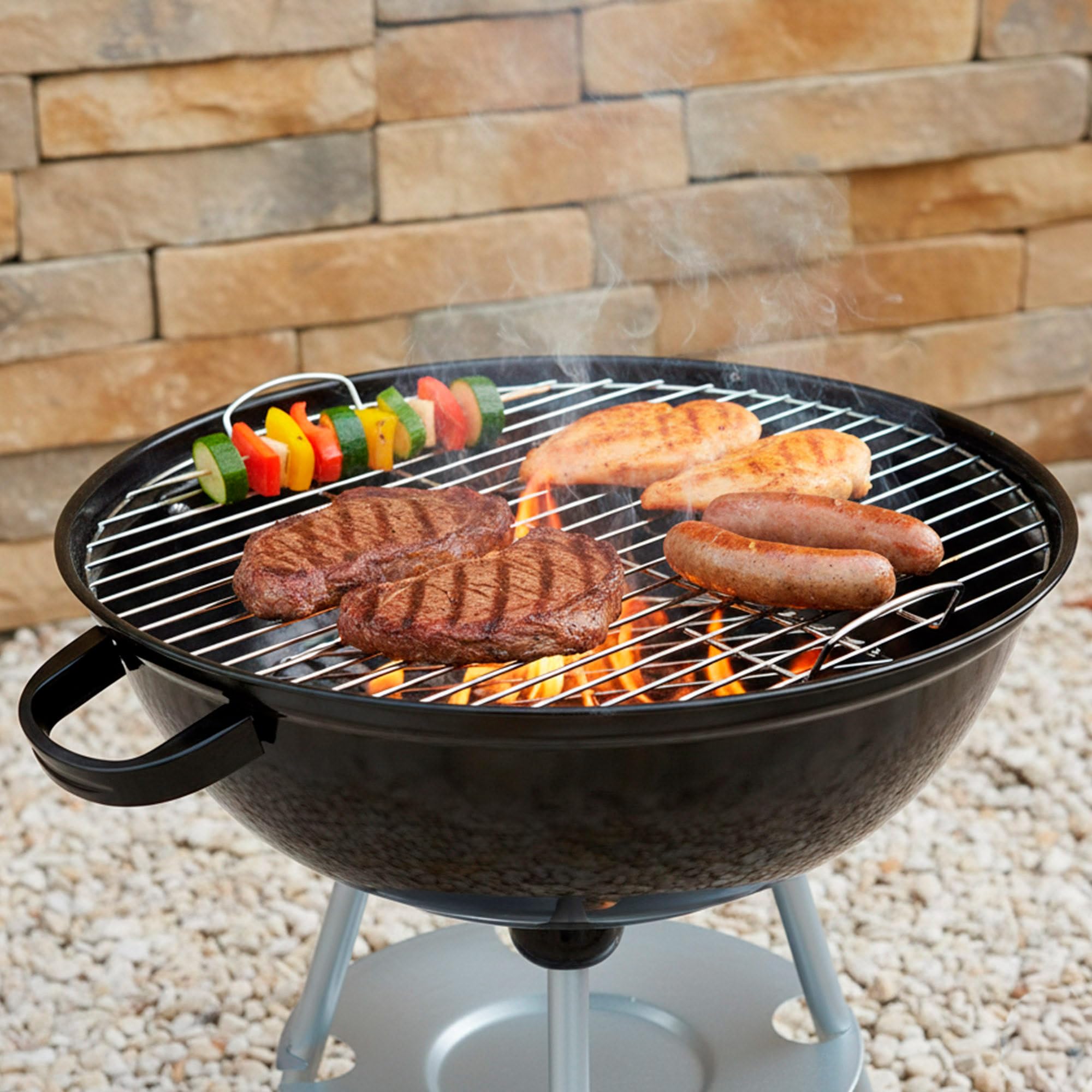 AKTIVE Barbacoa carbón portátil redonda 46x89 cm con tapa y rejilla de ventilación Doble parrilla con rejilla de ventilación 2 ruedas incorporadas para fácil transporte