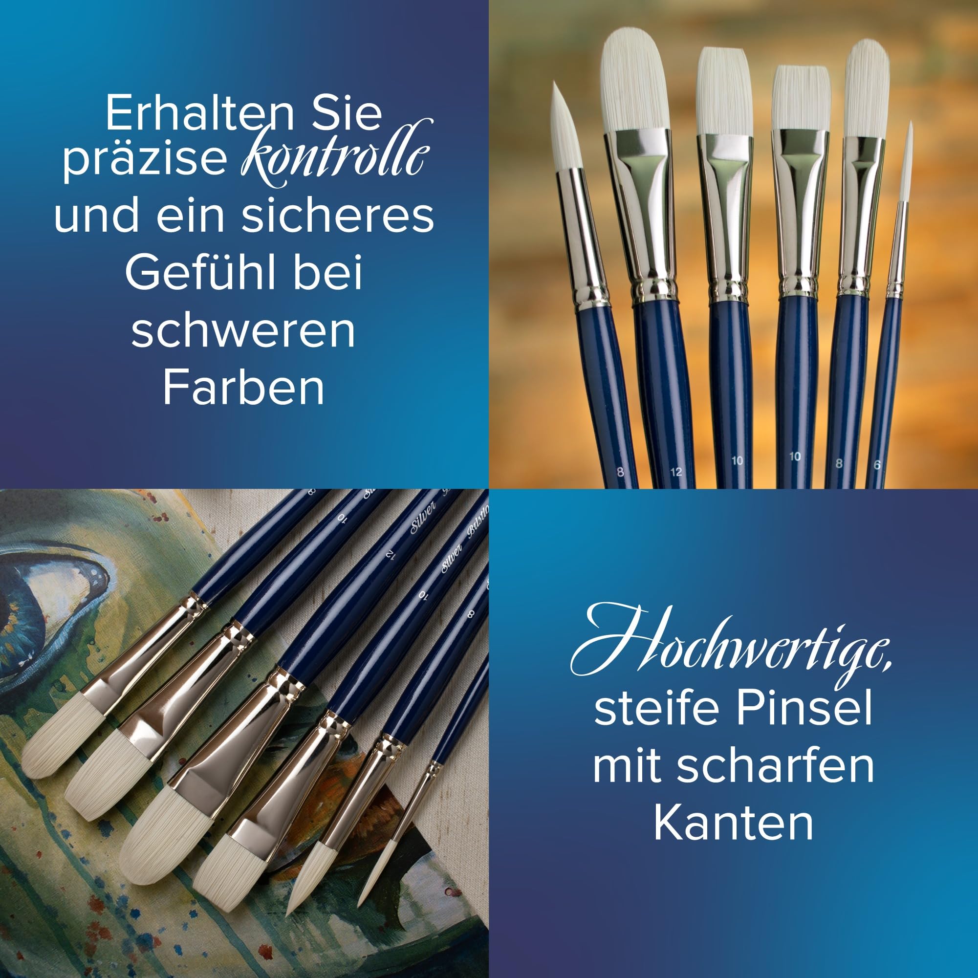 Silver Brush Limited Bristlon Kunst Pinselset, Pinsel Acrylfarbe und Ölfarbe, Langer Griff, 4er Set Pinsel