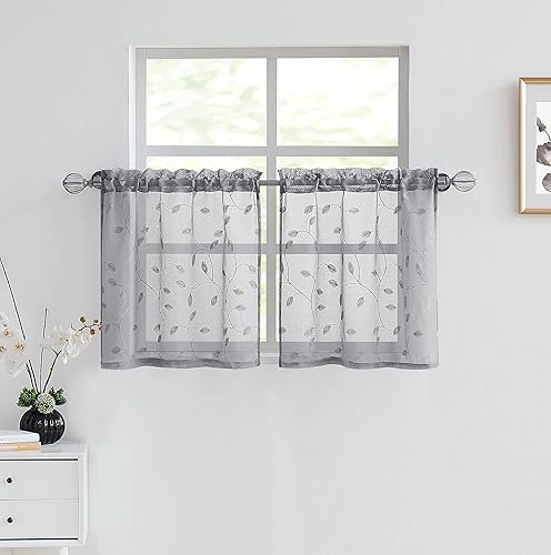 Fragrantex Cortinas bordadas blancas de 63 pulgadas de largo con estampado de hojas doradas y amarillas, cortinas botánicas para ventana para