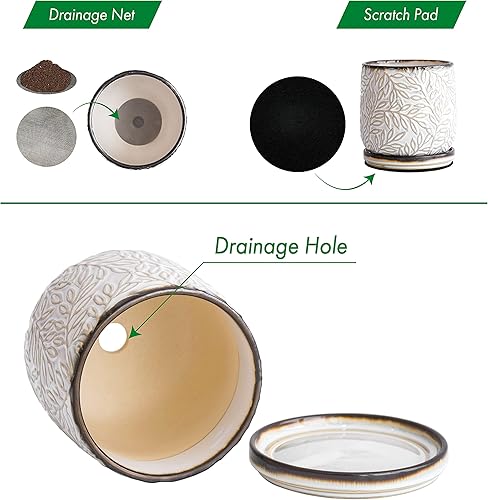 Miniatura 4 de Maceta de cerámica D'vine Dev con hojas en relieve de 5 pulgadas, con agujero de drenaje y platillo, blanco ahumado, juego de 1, 27-A-V-1