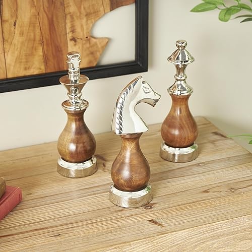 Miniatura 3 de Deco 79 Escultura decorativa de ajedrez de metal de aluminio para decoración del hogar con caballero, reina y rey, juego de 3 figuras decorativas de