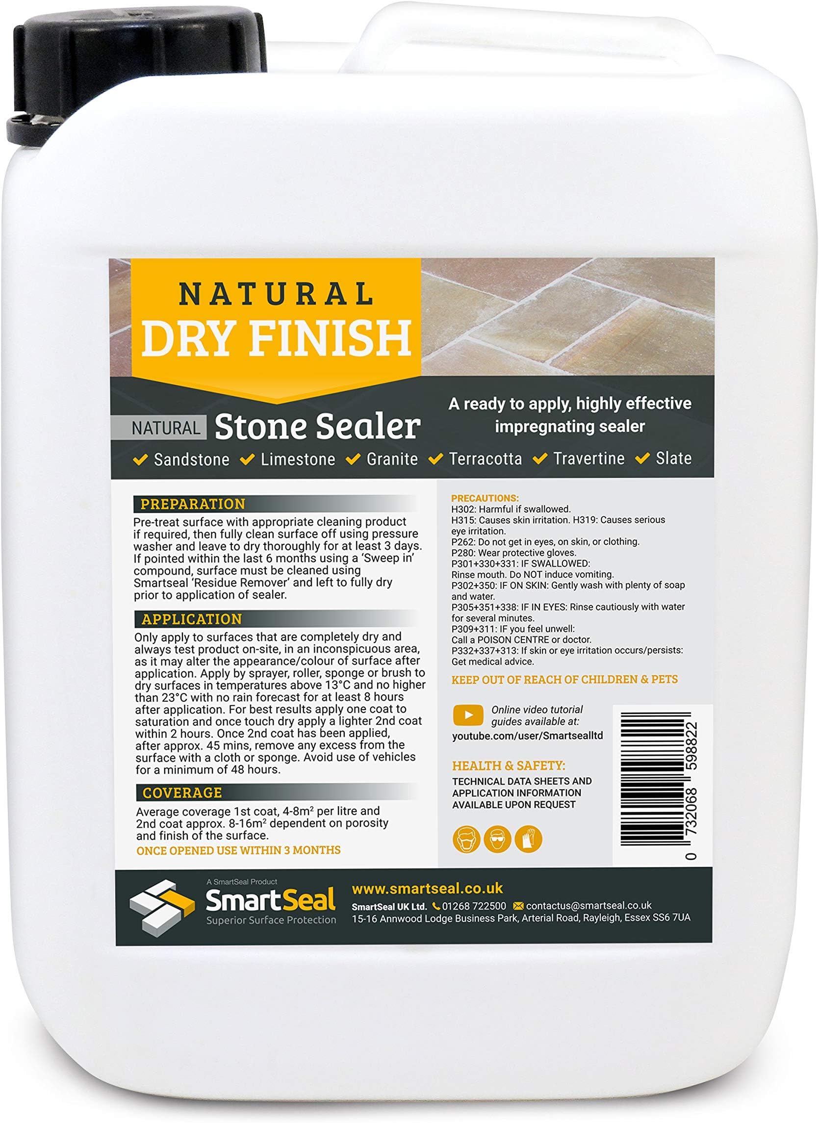 Smartseal Natural Stone Sealer - Dry Finish – Impregnating, Durable, Clear Sealer for Sandstone, Limestone, Granite, Travertine & Slate - Easy to Apply Indoor & Outdoor Use (5 Litre)