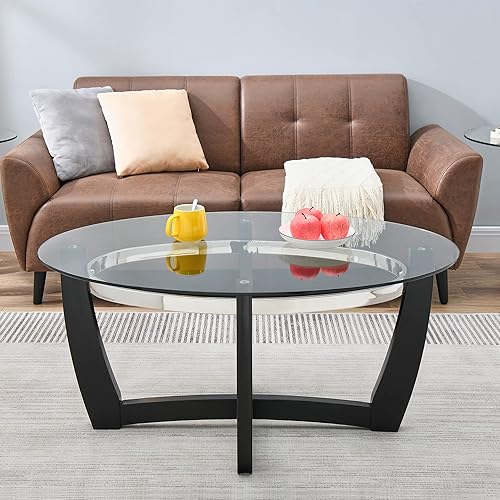 Miniatura 4 de MODERION Mesa auxiliar de vidrio con base de madera maciza para sala de estar mesa central ovalada mesa de té transparente resistente y moderna 433