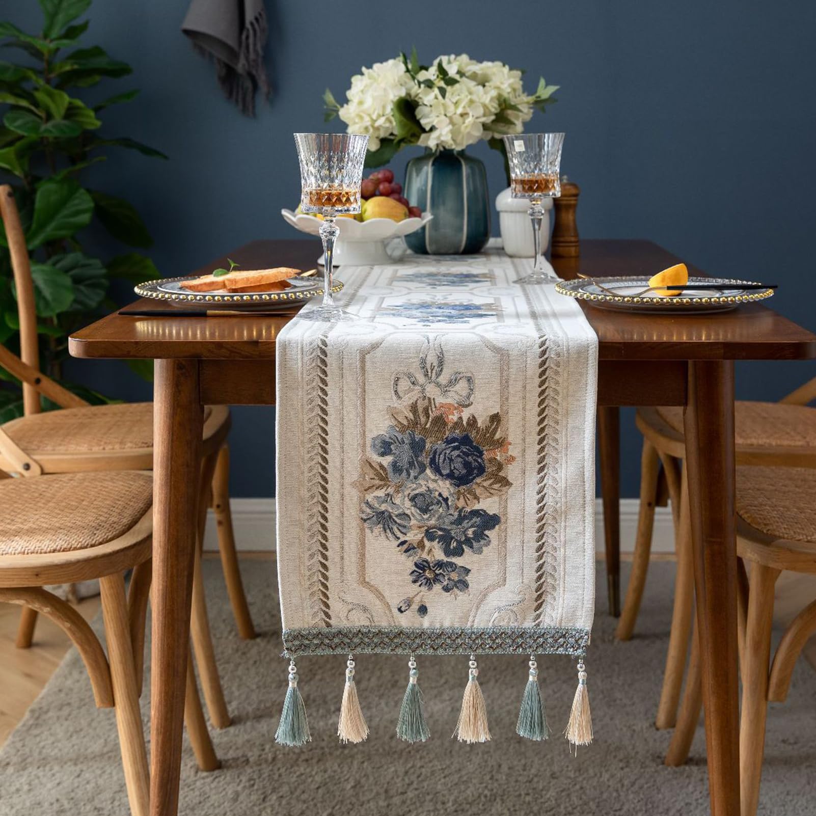 Luxus Tischläufer mit Multi-Quasten, Lange Elegante Stickerei Jacquard Tischläufer Kommode Schal für Esszimmer Party Bankett Couchtisch, Weiß, 32x300cm