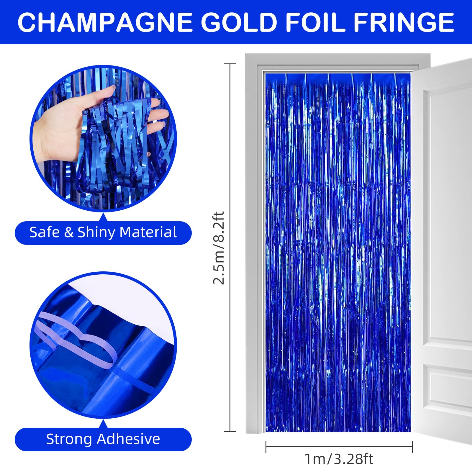 Cortina de flecos azules para fiesta, paquete de 12 cortinas de papel de aluminio de 3.2 pies x 8.2 pies, cortinas de telón de fondo de oropel para cabina de fotos, telón de fondo para cumpleaños,