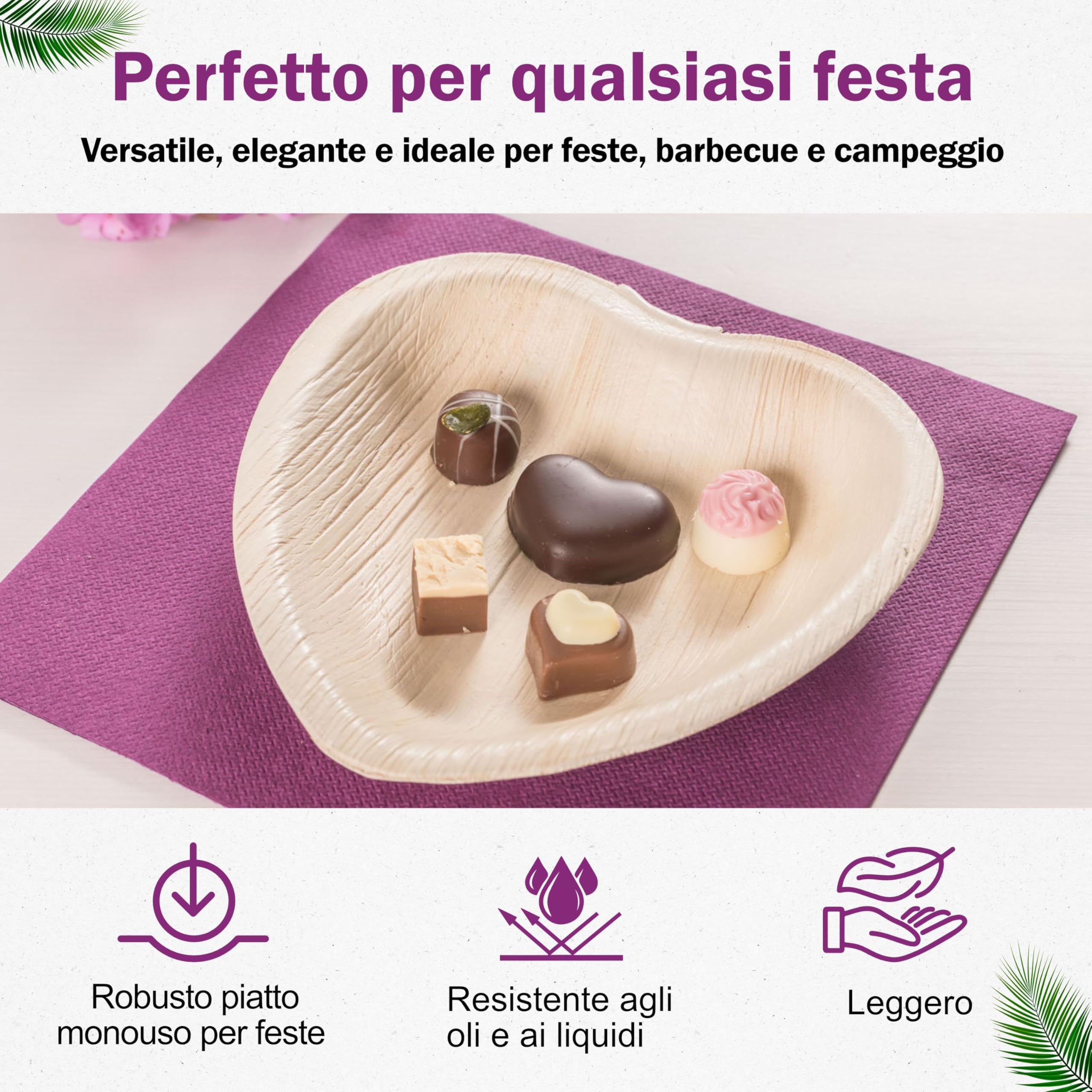 Piatti in Foglia di Palma Biologici - Set Cuore 15 cm da 200 Pezzi - Stoviglie Monouso Biodegradabili di Alta Qualità - Eleganti e Resistenti - Simile al Bambu - Ideale per Feste