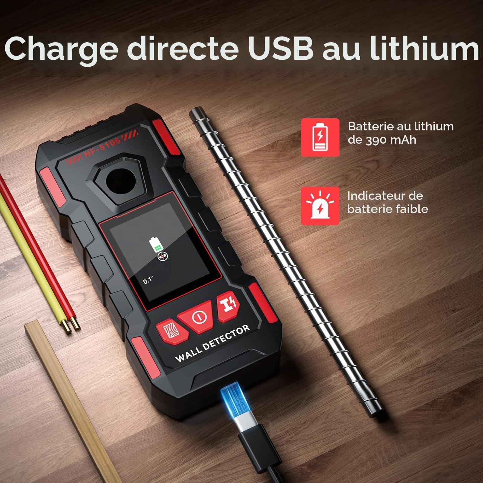 Détecteur de montants pour murs, scanner mural rechargeable avec puce intelligente améliorée pour clous en bois et métal, fils AC, solives, tuyaux, prend en charge l'écran LCD HD et la voix