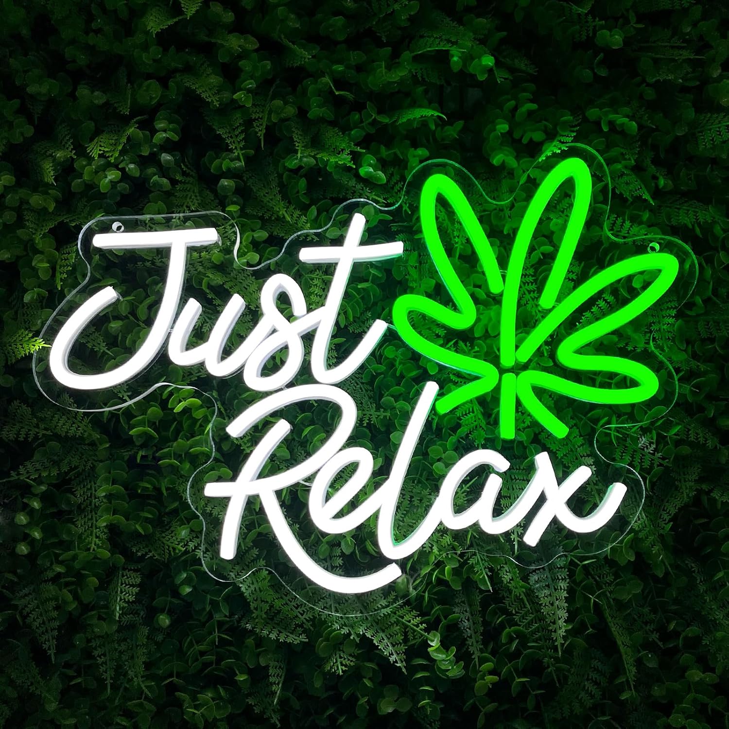 Image of Just Relax Neon Sign LED Wall Decor, Green Leaf Aesthetic Light for Bedroom, Bar, Lounge, Man Cave and Game Room, USB Powered Dimmable Neon Lamp for Chill Room Decor