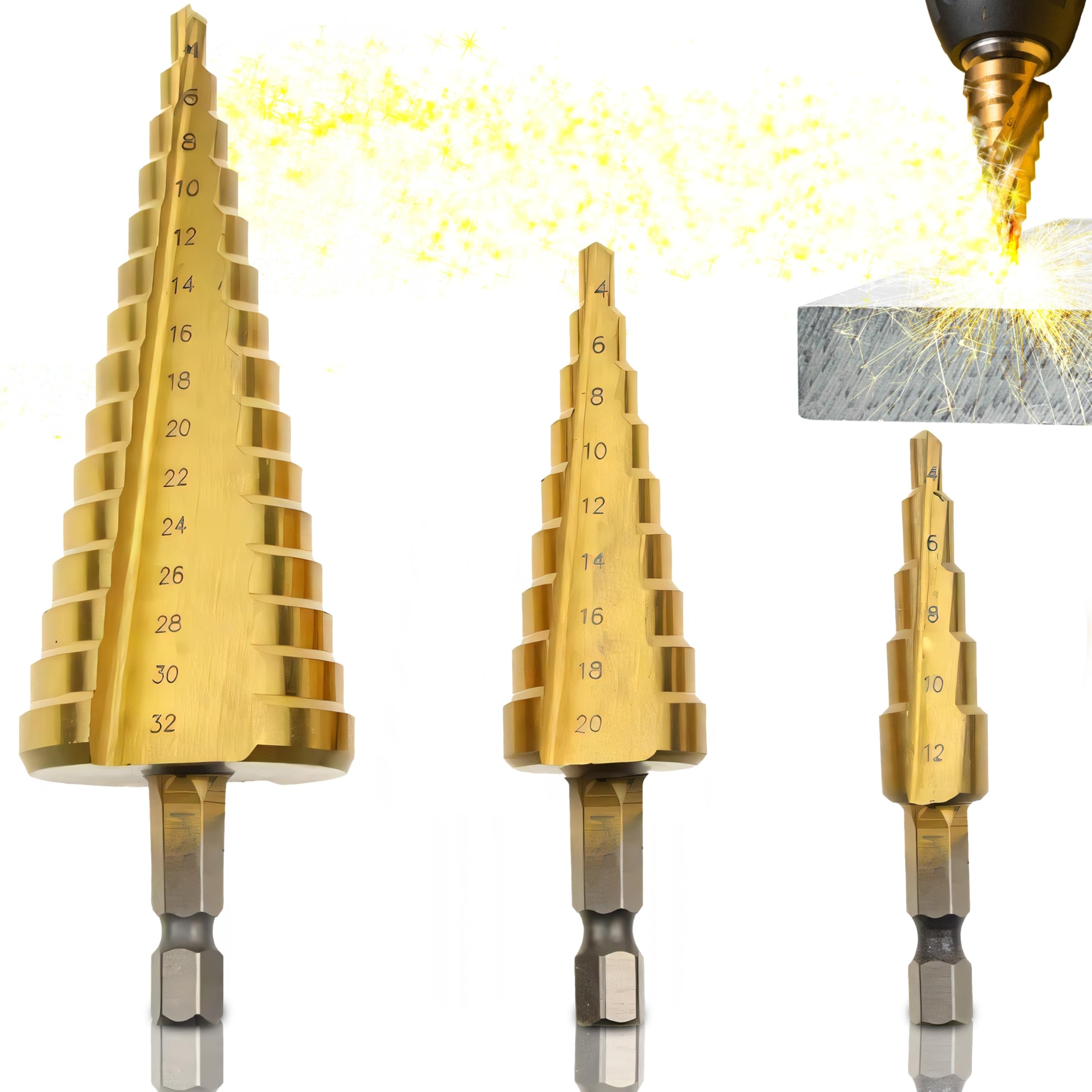 Retoo Stufenbohrer, 3-tlg Stufenbohrer Set Schälbohrersatz Exact Spiralnut Kegelbohrer 4 mm bis 12/20/32mm Titanbeschichtet Profi Metallbohrer Bohrer Satz für Metall Holz Kunststoff