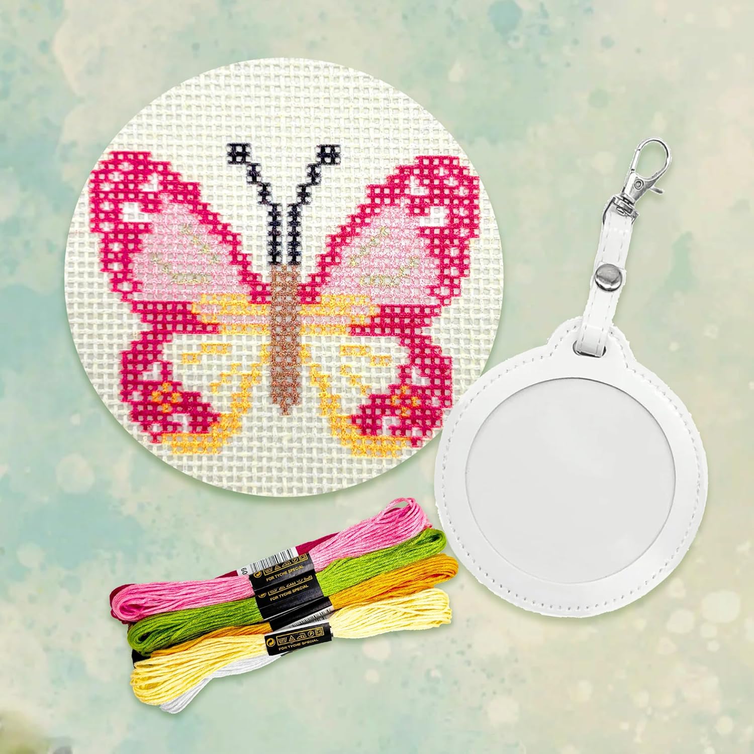 Howie's Needlepoint Round Keychain Needlepoint Kits, 18CT Printed Pattern Starter Kits, Stamped Patterns Canvas Kits(Pink Butterfly, 2.6" Round)